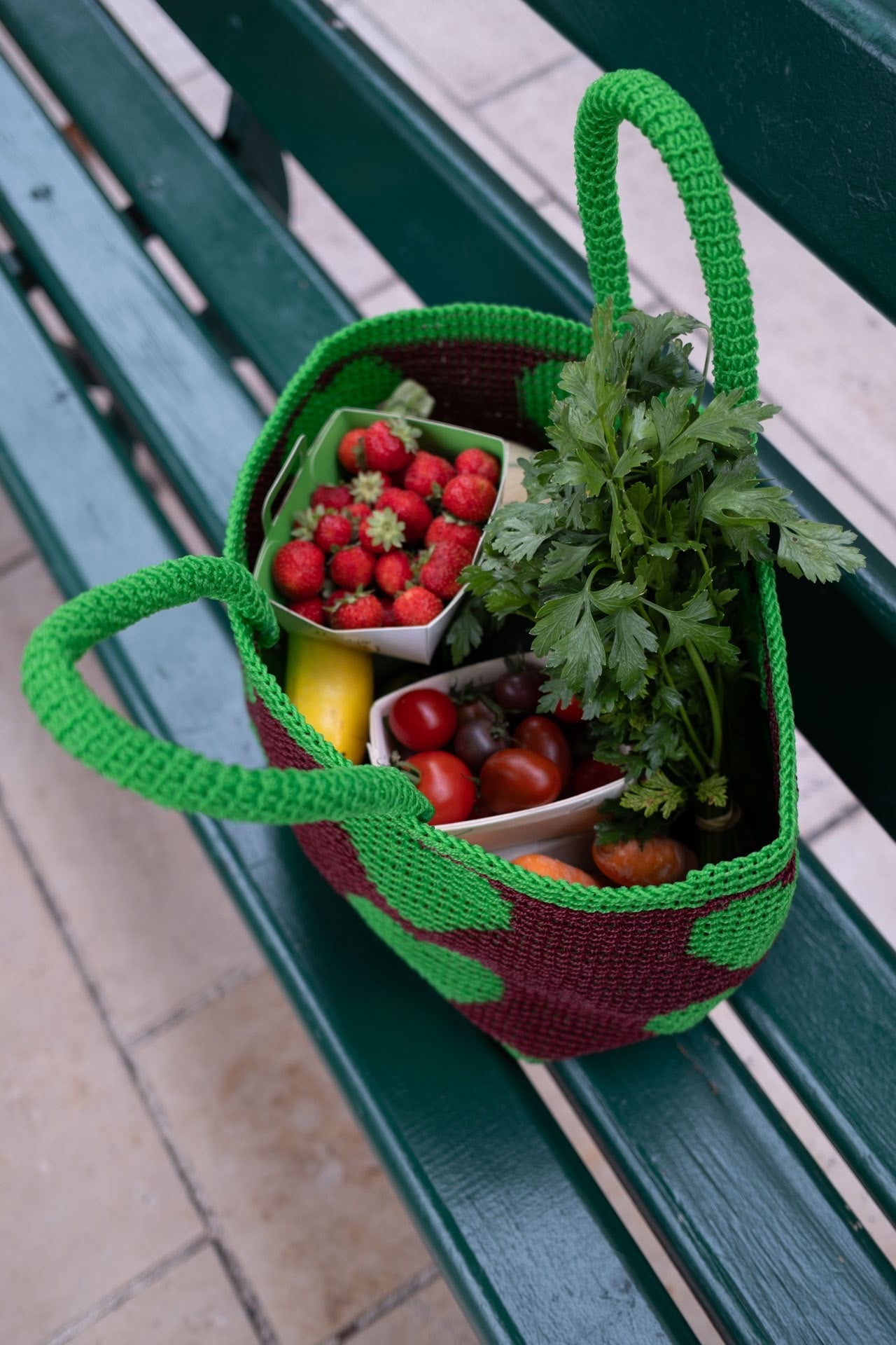 No. 29SC - WOVEN BASKET BAG HEART L - LARGE - BORDEAUX & GREEN