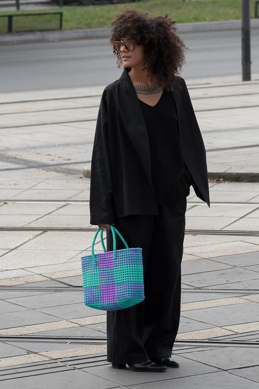 No. 3M - Hand-braided basket bag - medium - turquoise & purple