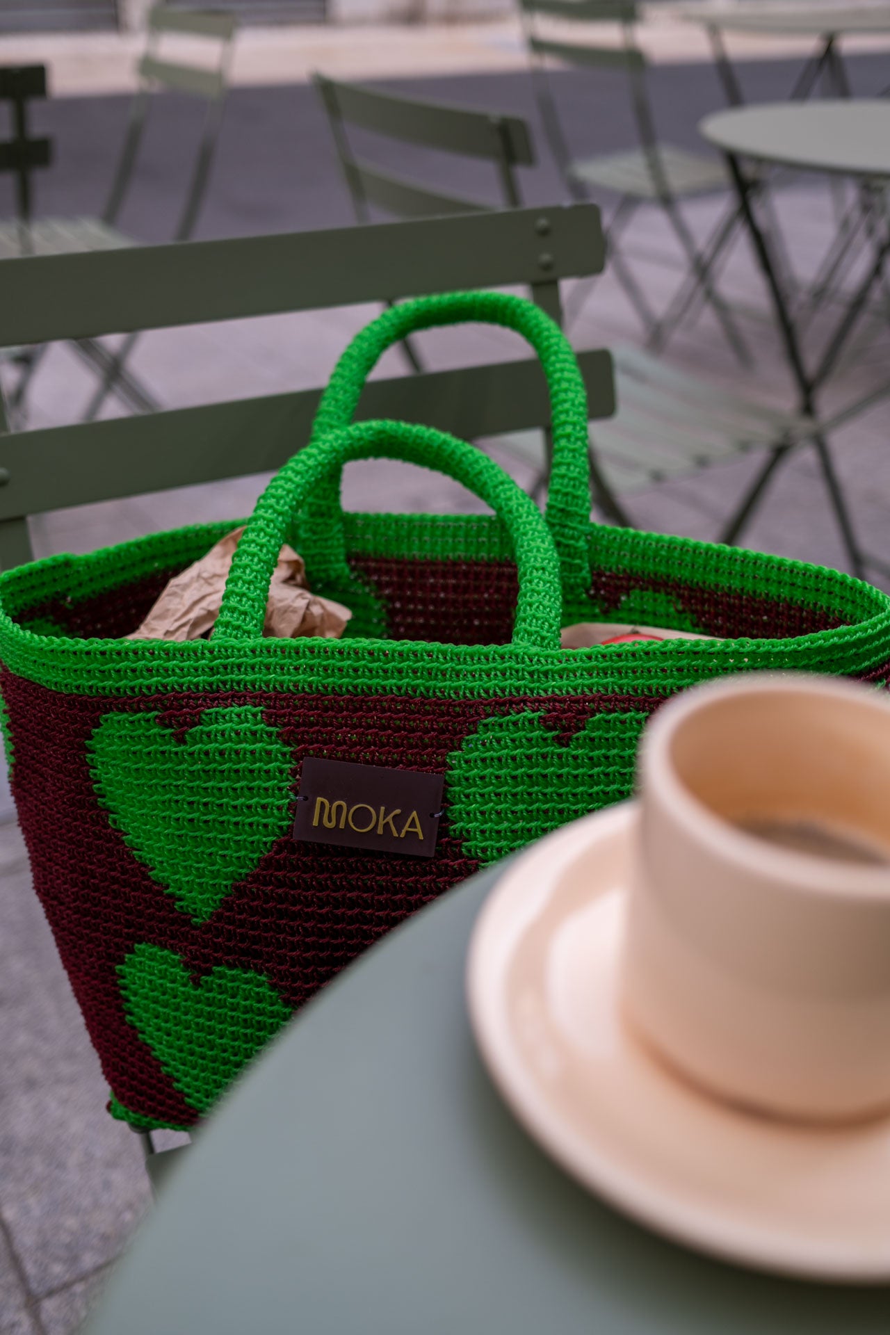 No. 29SC - WOVEN BASKET BAG HEART L - LARGE - BORDEAUX & GREEN