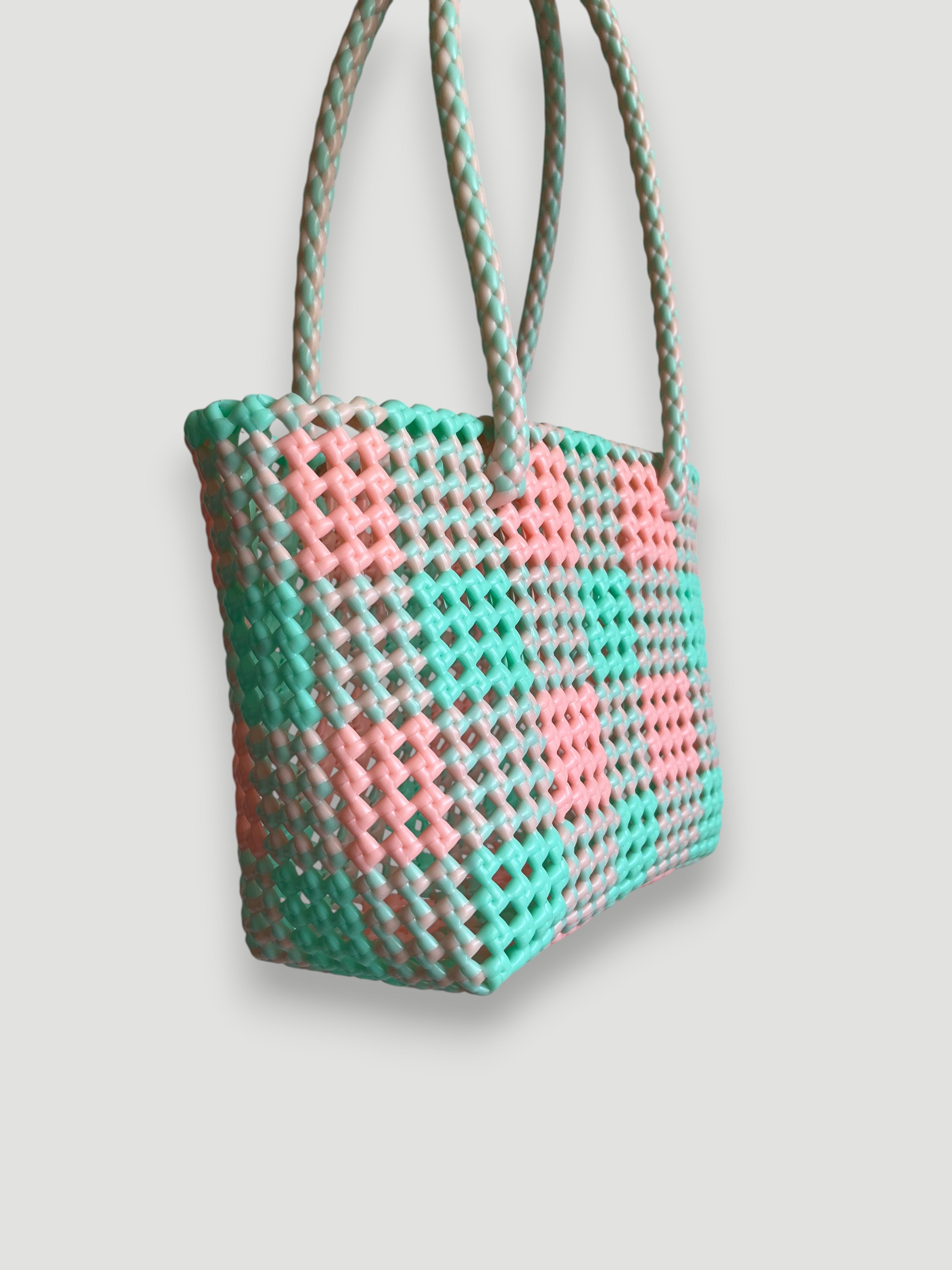 N°543S - SAC PANIER TRESSÉ MAIN - PETIT - rose pastel & bleu pastel