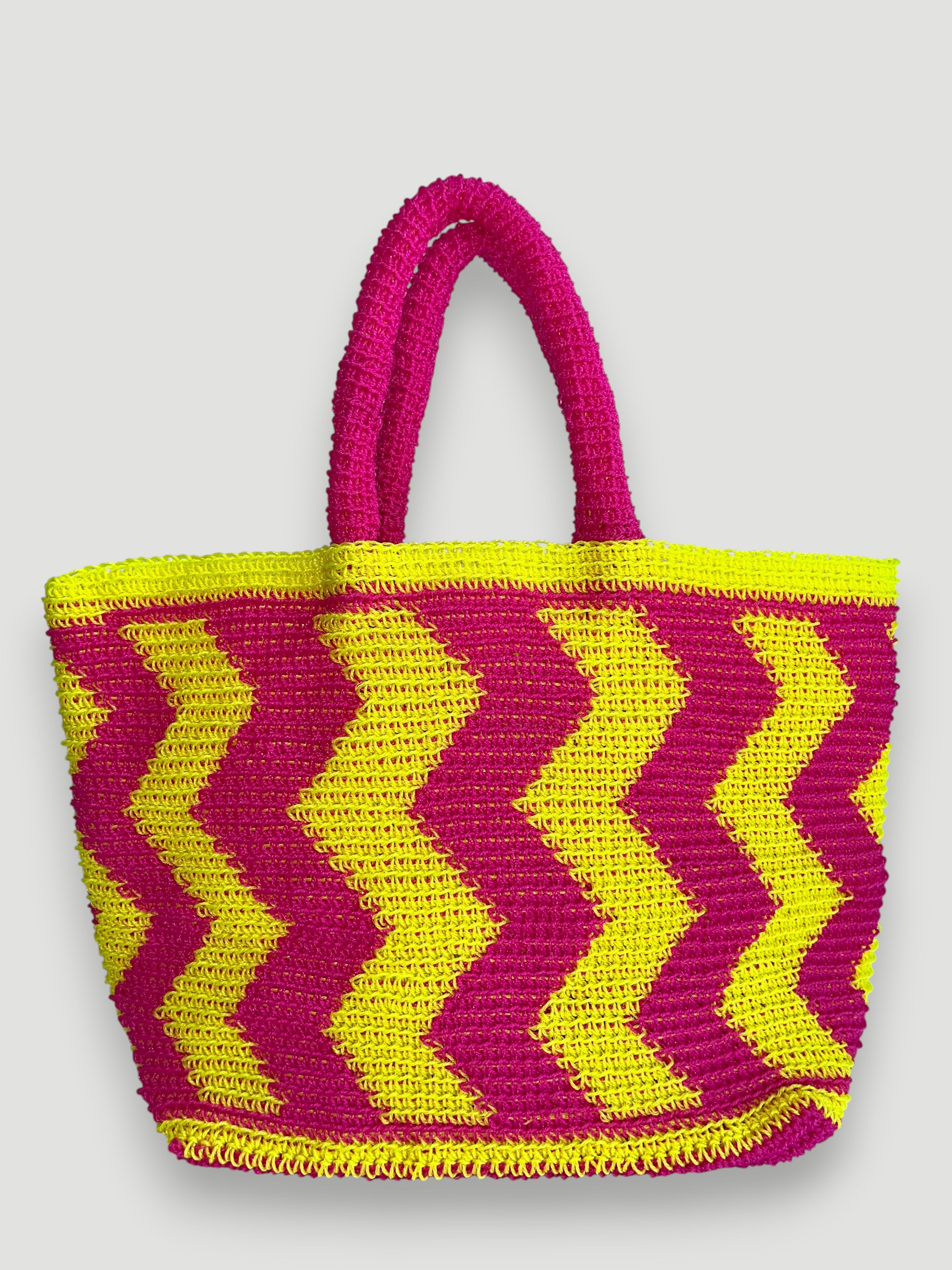 N°24SC - SAC PANIER CROCHET ZIGZAG L - GRAND - rose fluo & jaune fluo