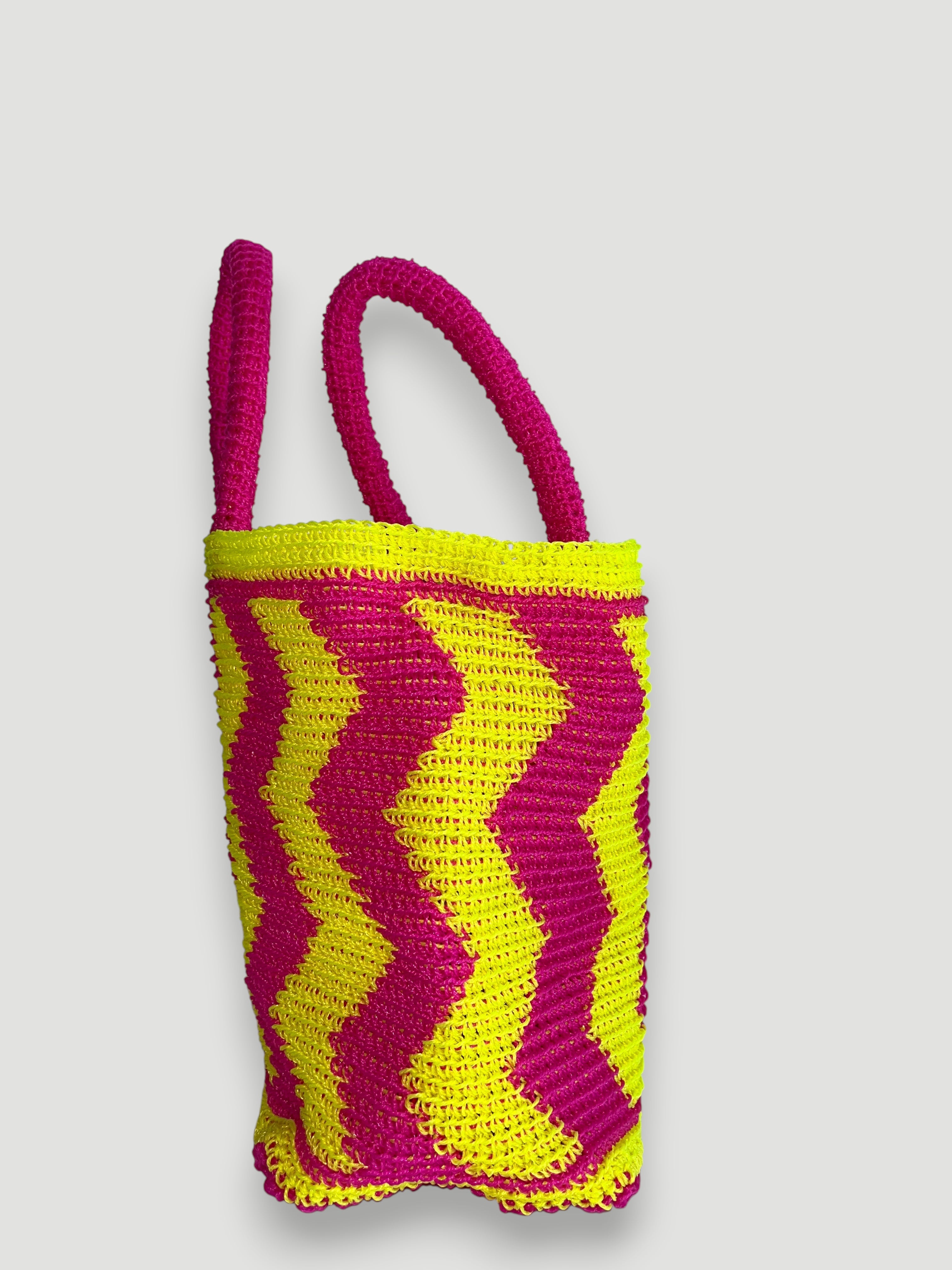 No. 24SC - CROCHET BASKET BAG - LARGE - neon pink & neon yellow