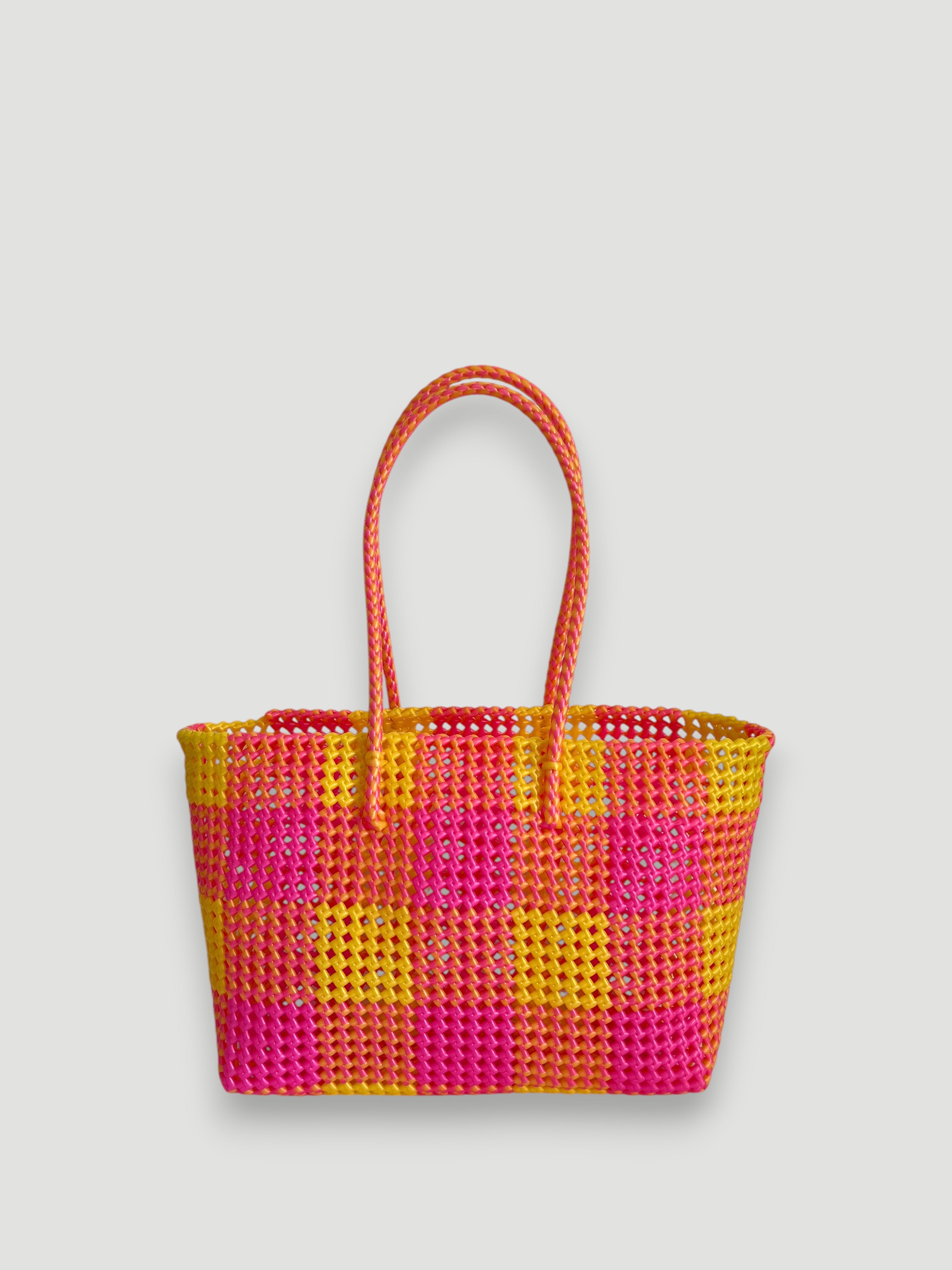 N°120L - SAC PANIER TRESSÉ MAIN - GRAND - jaune irisé & rose fluo irisé