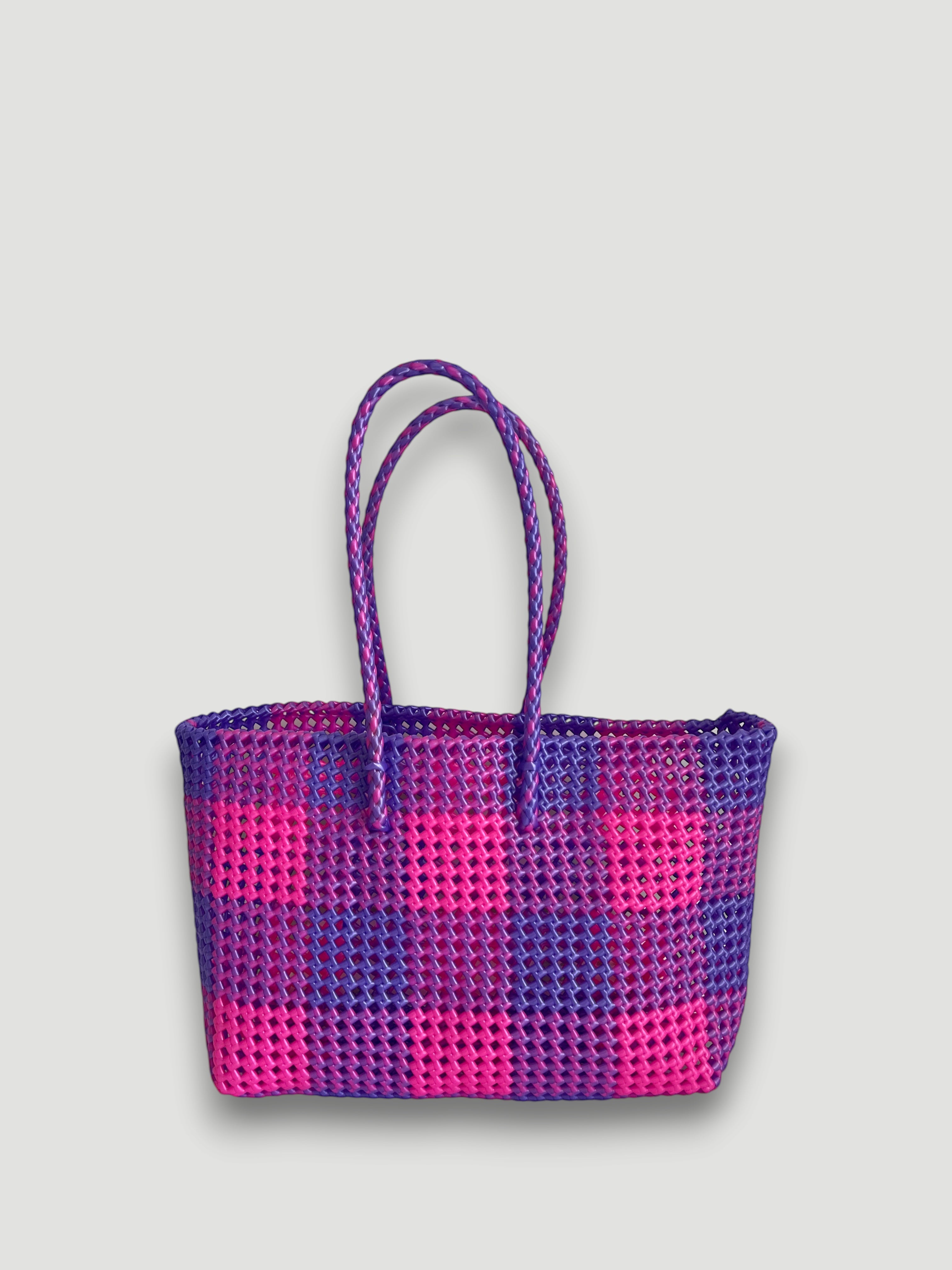 N°88L - SAC PANIER TRESSÉ MAIN - GRAND - violet irisé & rose fluo irisé