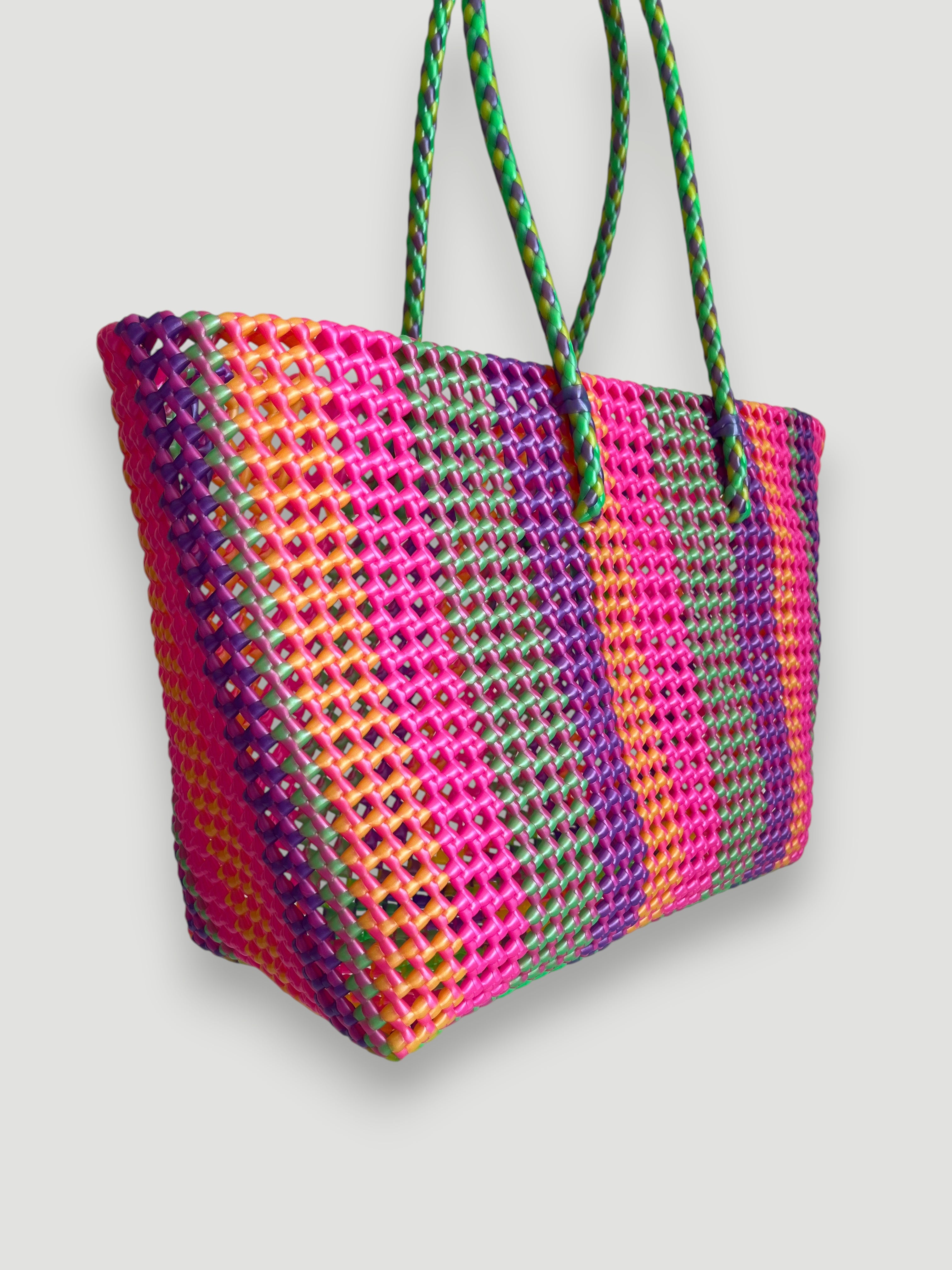 N°100L - SAC PANIER TRESSÉ MAIN - GRAND - multicolors