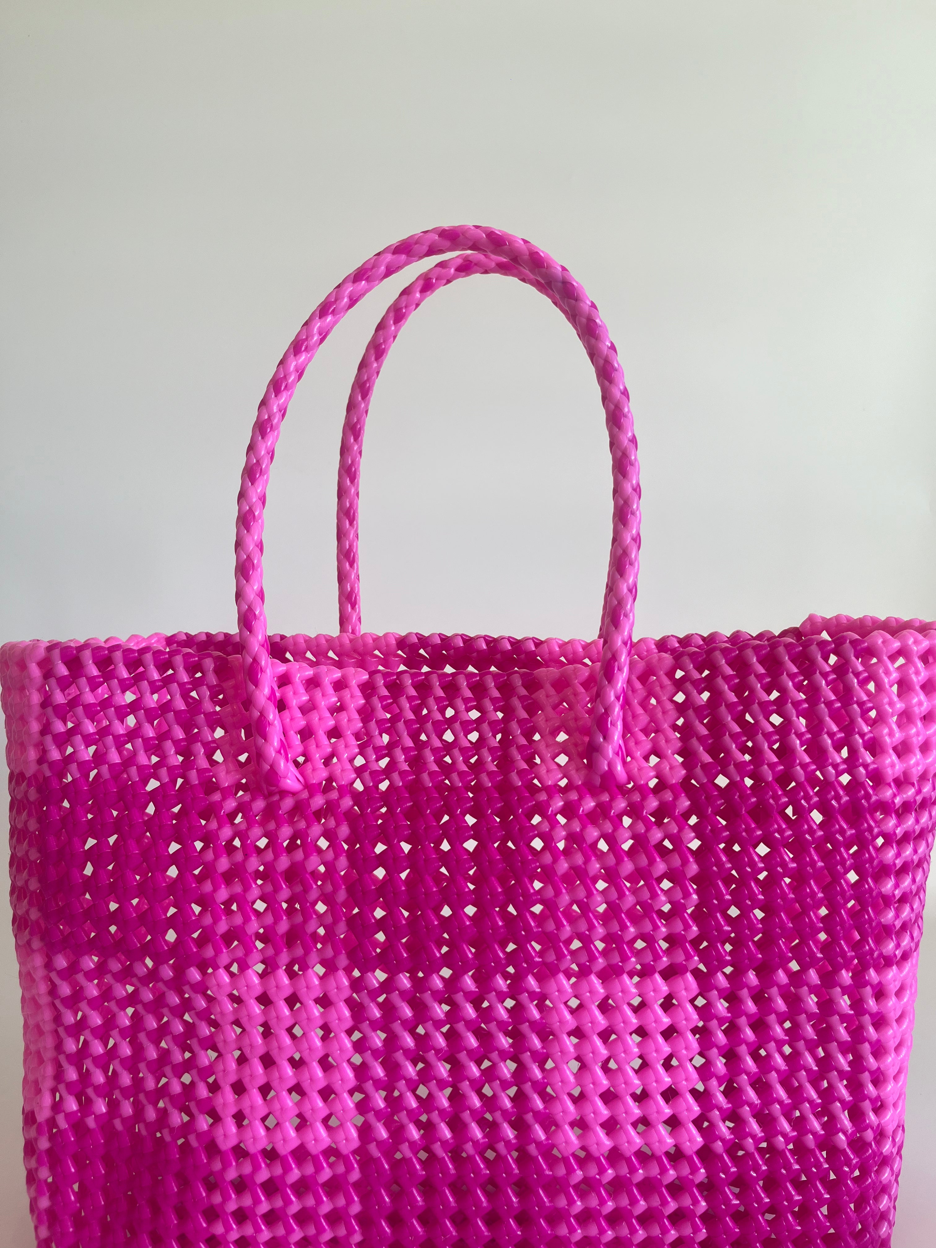 N°26L - SAC PANIER TRESSÉ MAIN - GRAND - rose foncé & rose clair