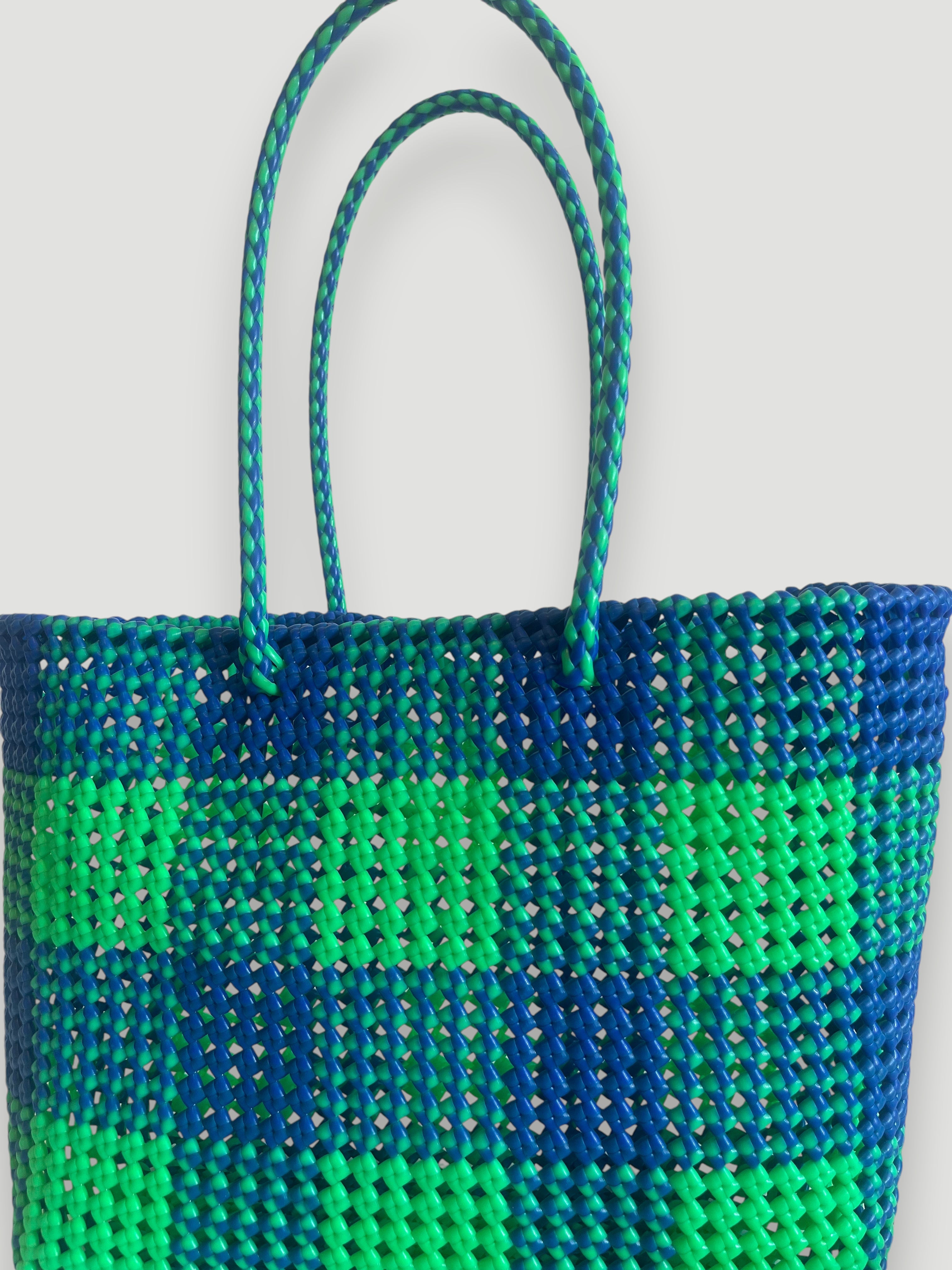 No. 49L - Handwoven basket bag - large - neon green & dark blue
