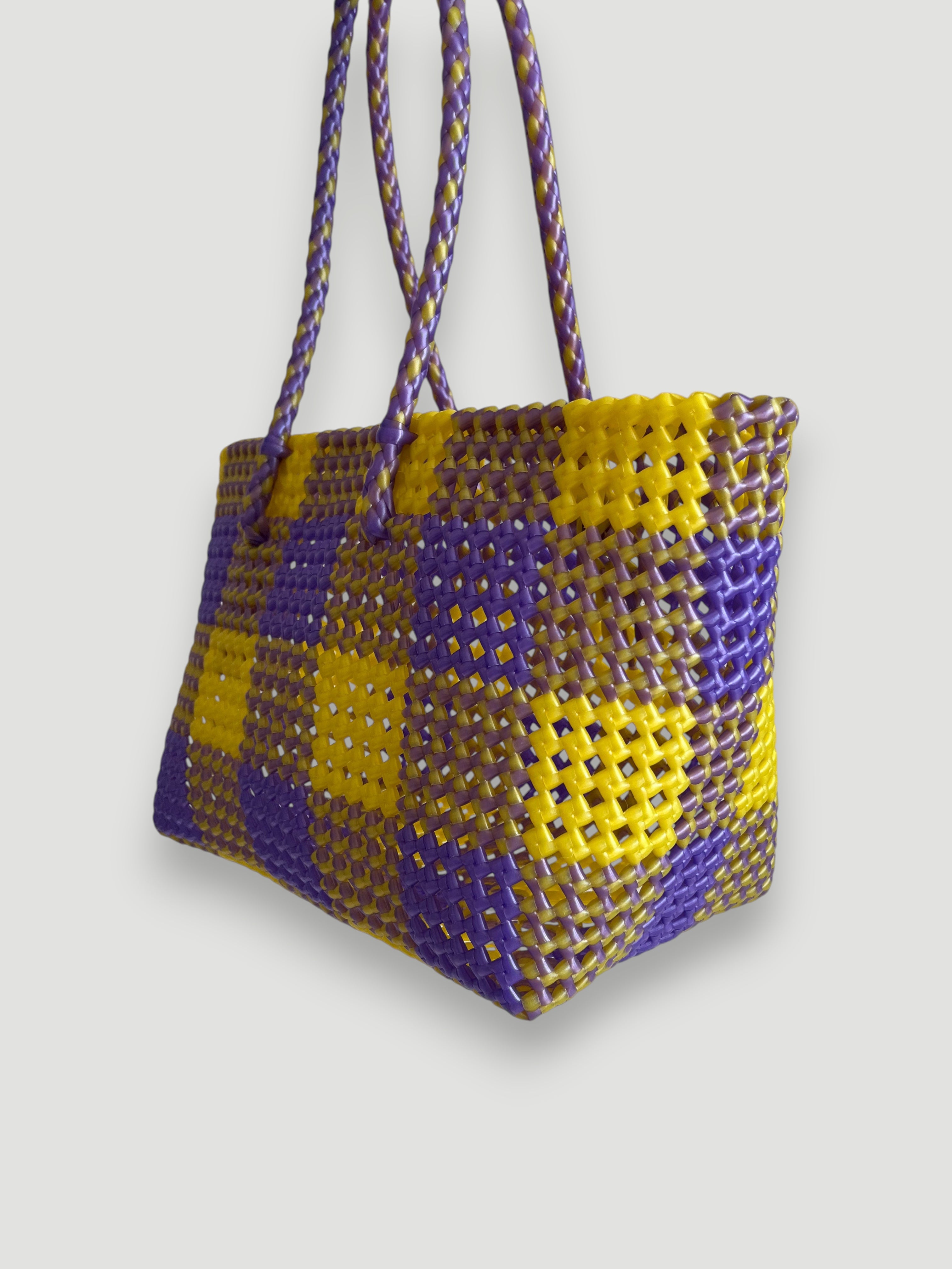N°92M - SAC PANIER TRESSÉ MAIN - MOYEN - violet irisé & jaune irisé