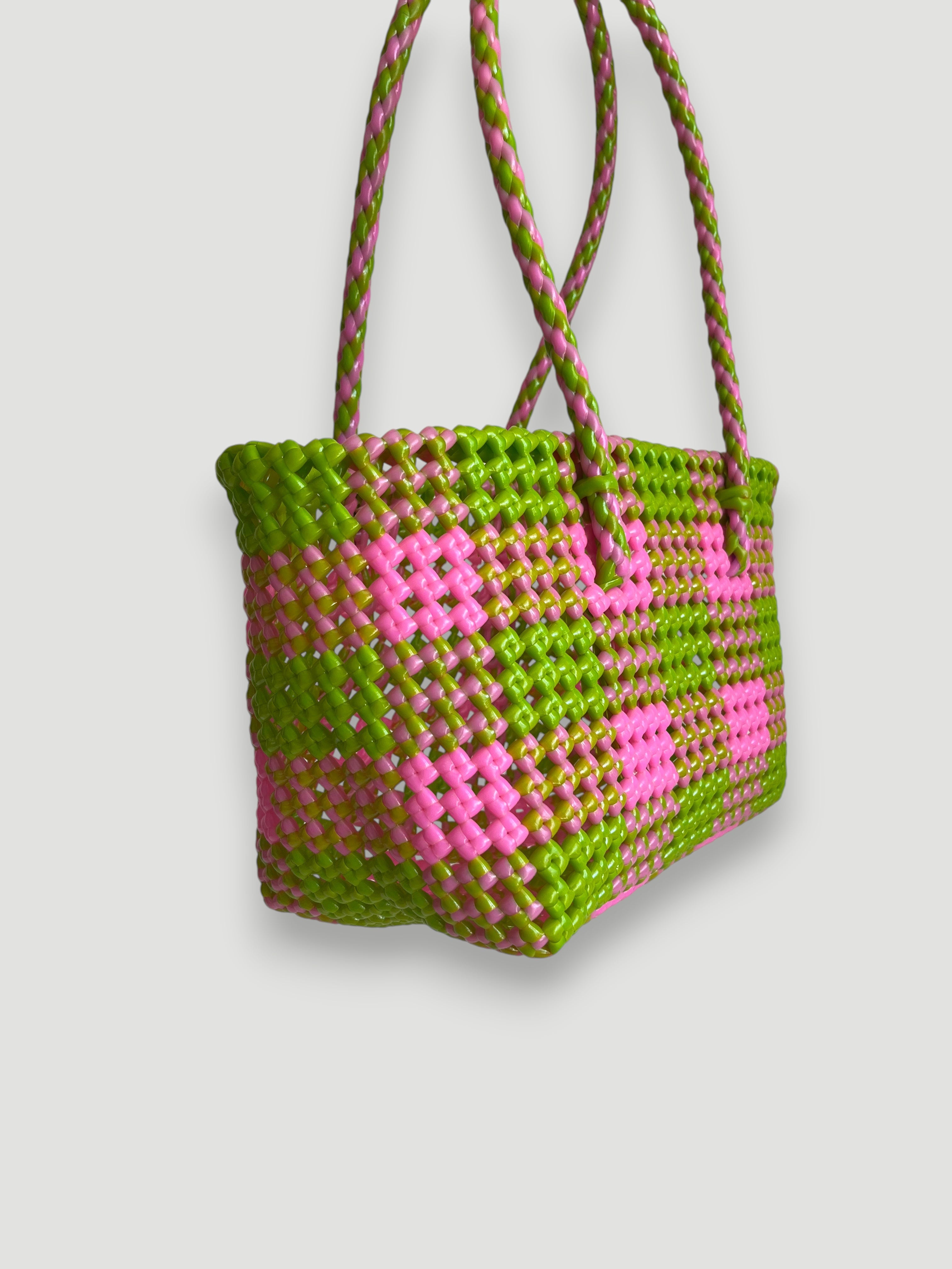 N°21S - SAC PANIER TRESSÉ MAIN - PETIT - rose clair & vert clair