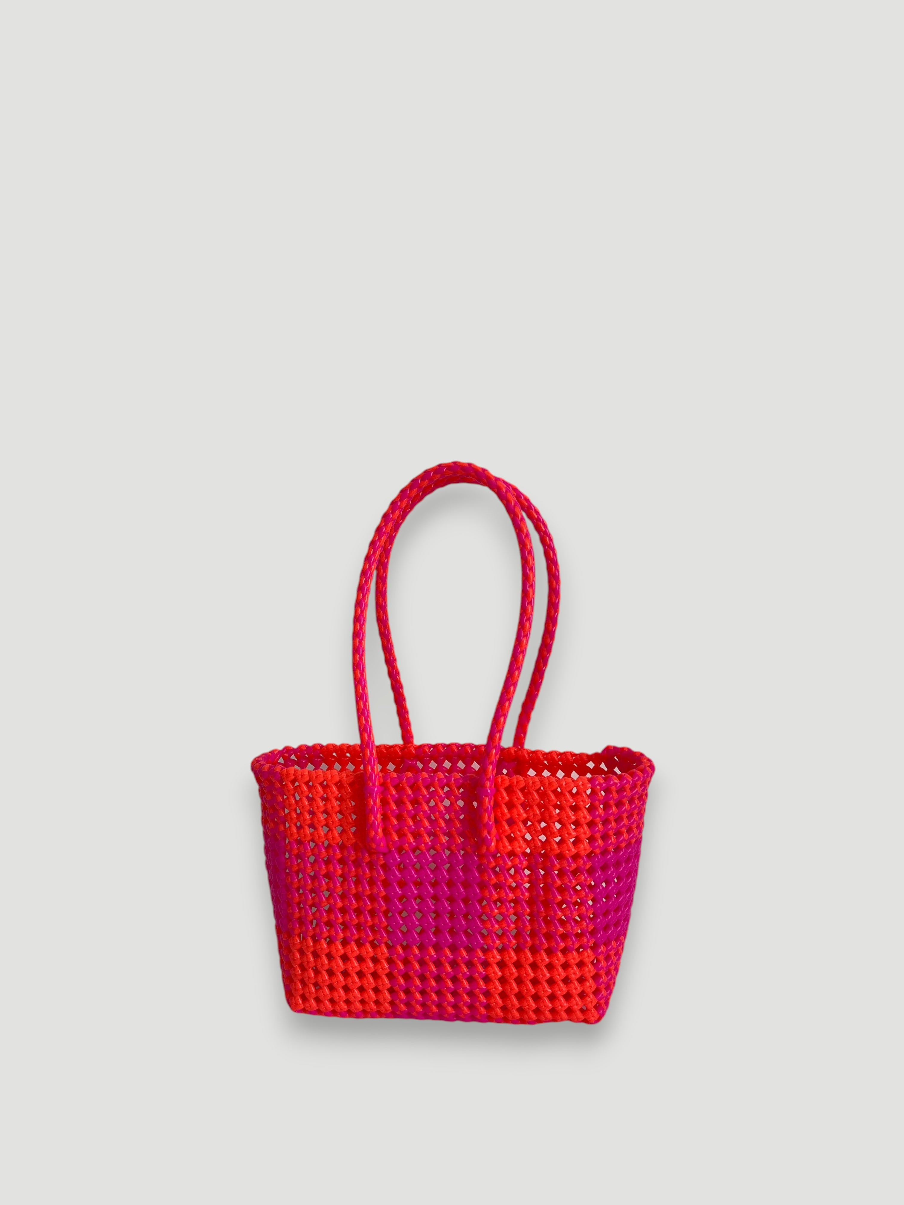 N°222S - SAC PANIER TRESSÉ MAIN - PETIT - orange fluo & rose fluo
