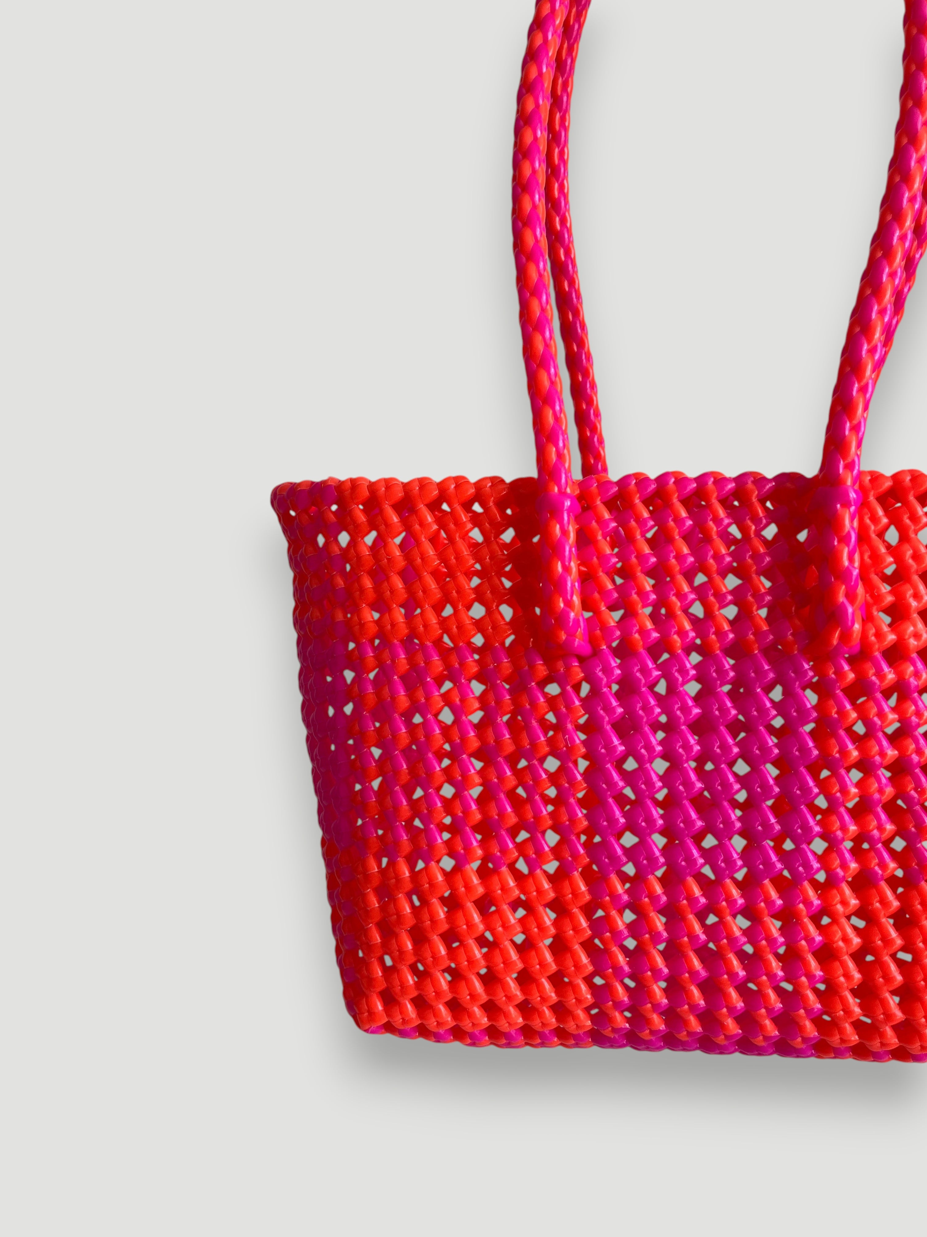 N°222S - SAC PANIER TRESSÉ MAIN - PETIT - orange fluo & rose fluo