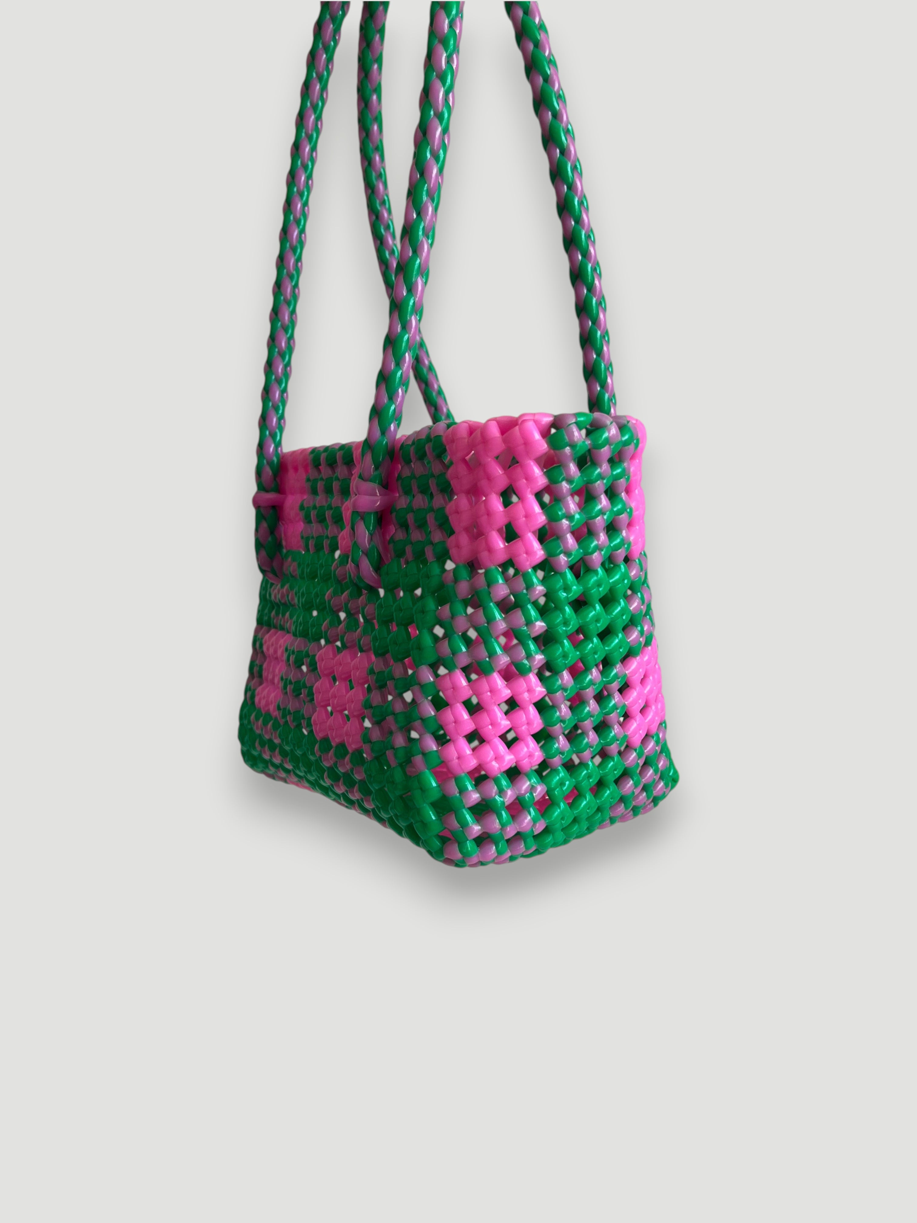 N°19XS - SAC PANIER TRESSÉ MAIN - MINI - rose clair & vert