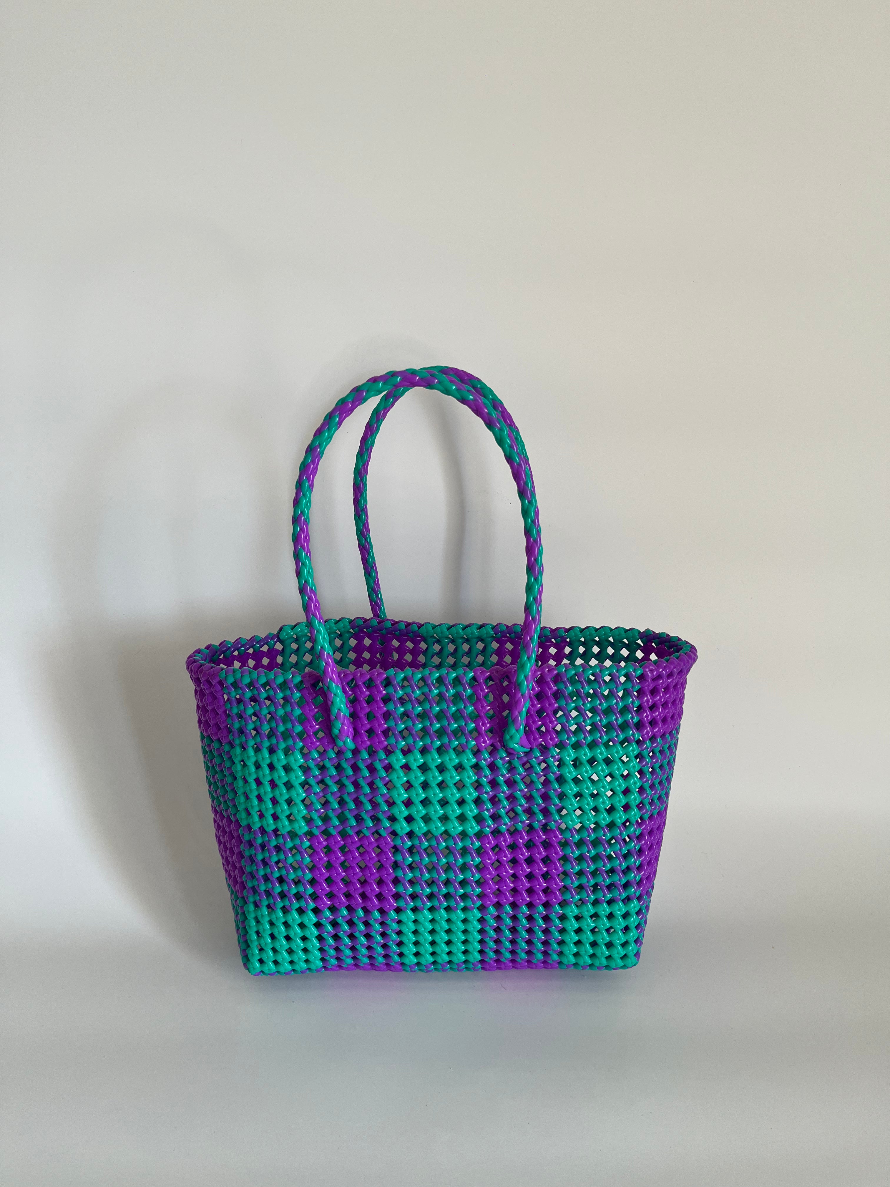 N°3M - SAC PANIER TRESSÉ MAIN - MOYEN - turquoise & violet