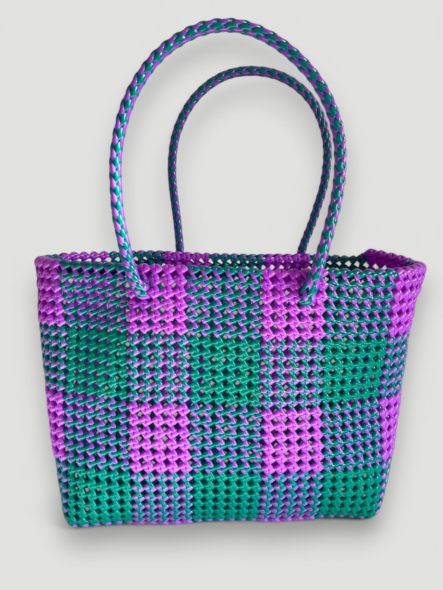 N°91L - SAC PANIER TRESSÉ MAIN - GRAND - violet & vert foncé