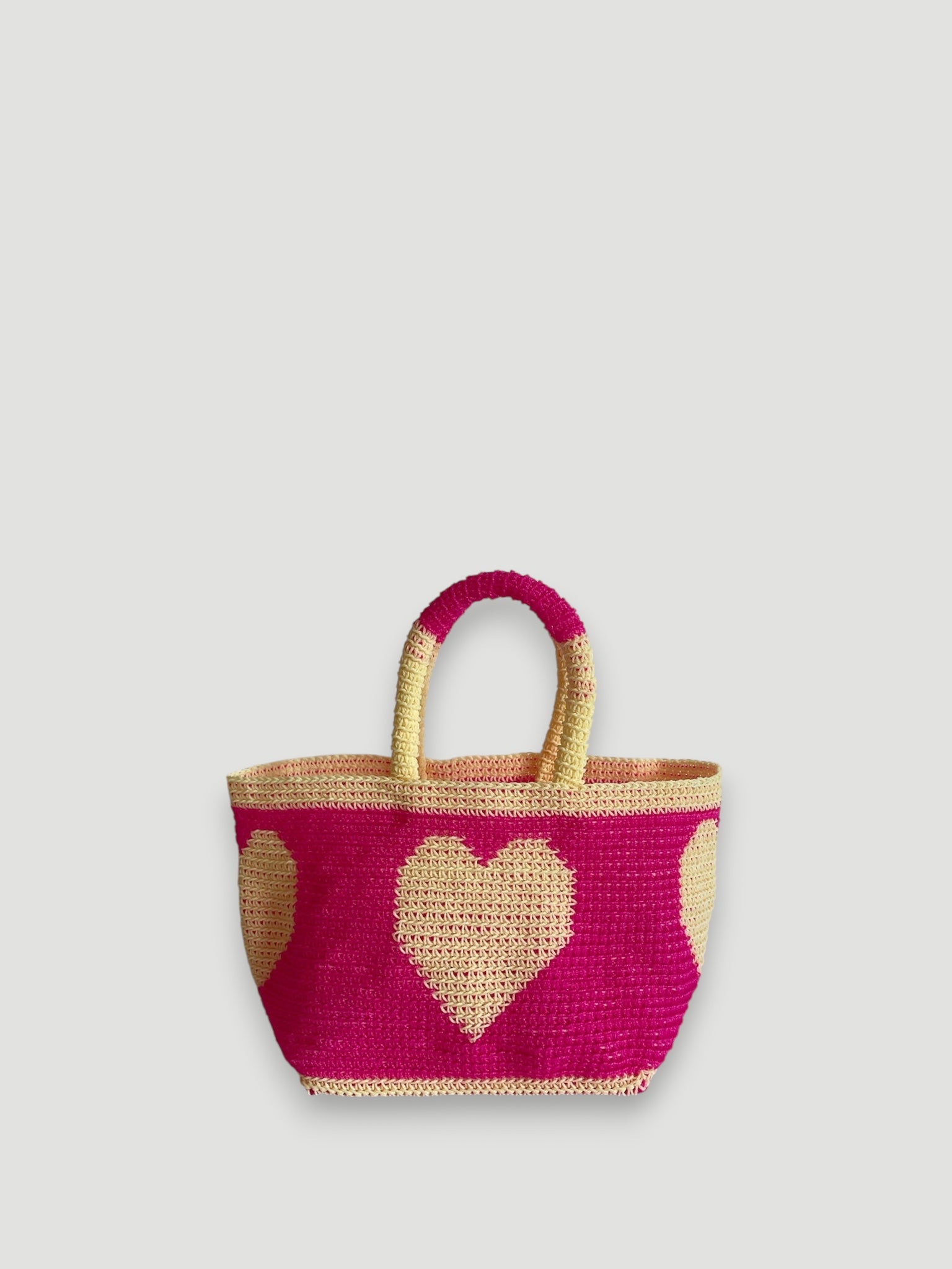 N°27SC - SAC PANIER CROCHET COEUR S - PETIT - rose fluo & crème