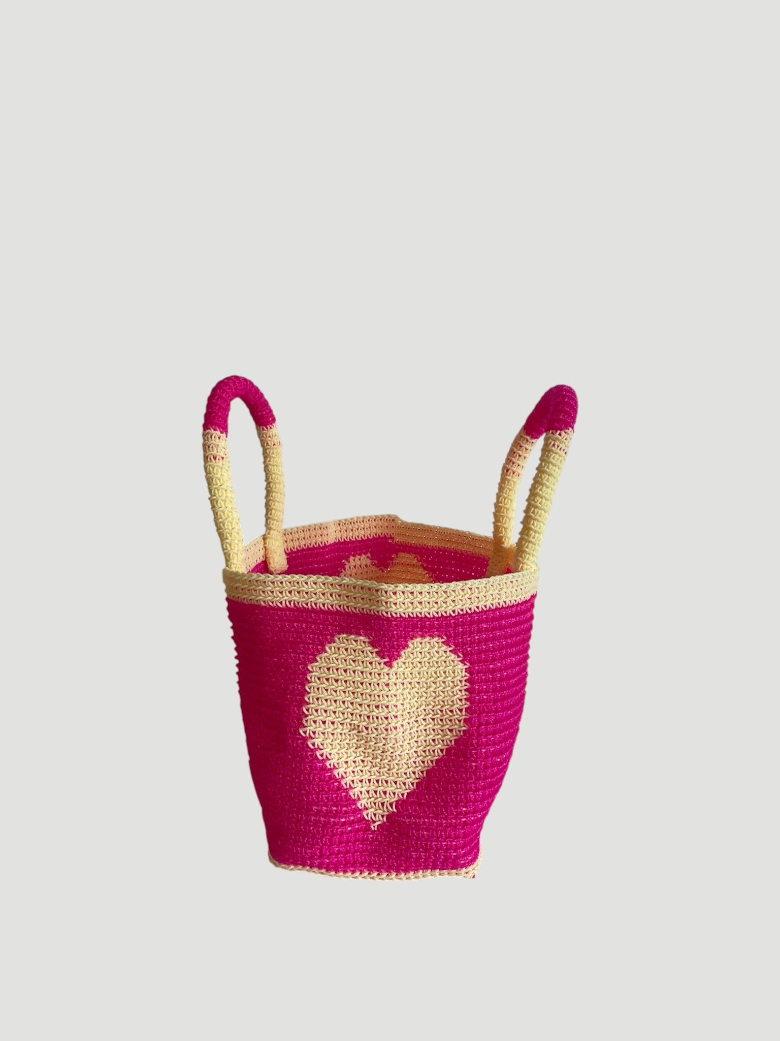 N°27SC - SAC PANIER CROCHET COEUR S - PETIT - rose fluo & crème