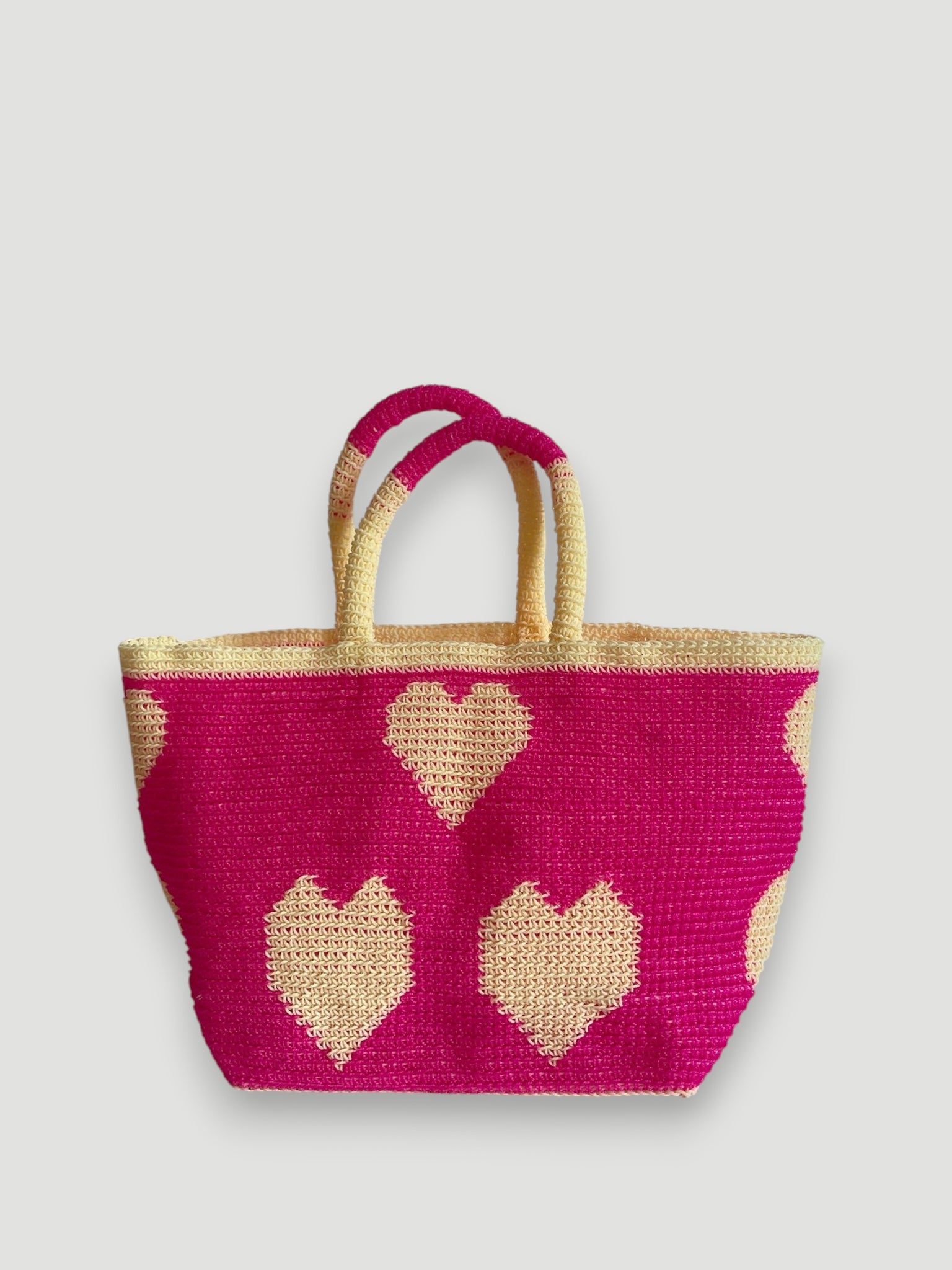 N°27SC - SAC PANIER CROCHET COEUR L - GRAND - rose fluo & crème