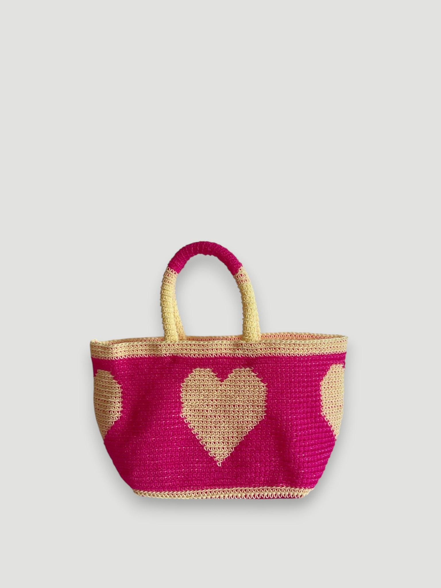 N°27SC - SAC PANIER CROCHET COEUR M - MOYEN - rose fluo & crème