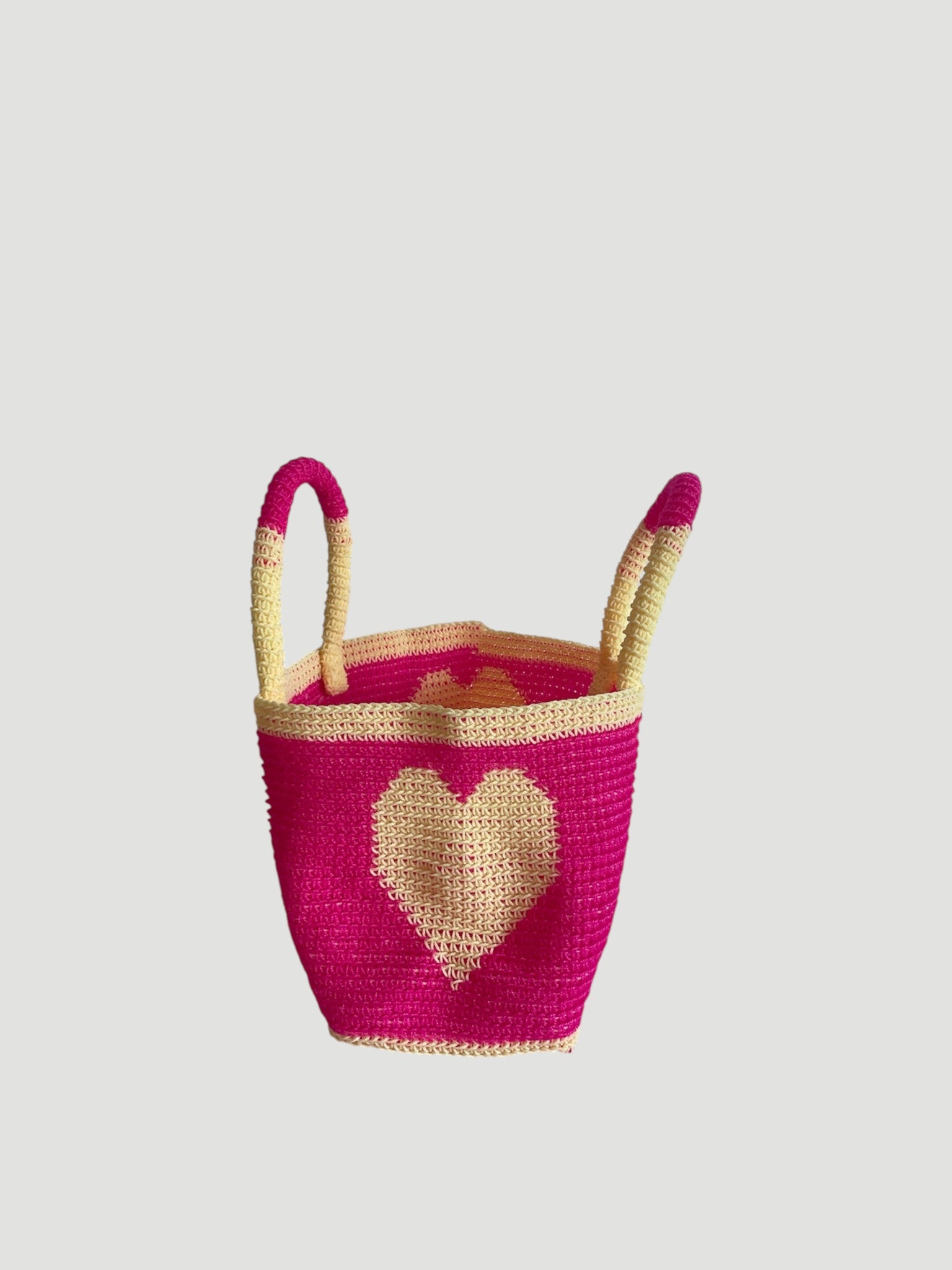 N°27SC - SAC PANIER CROCHET COEUR M - MOYEN - rose fluo & crème