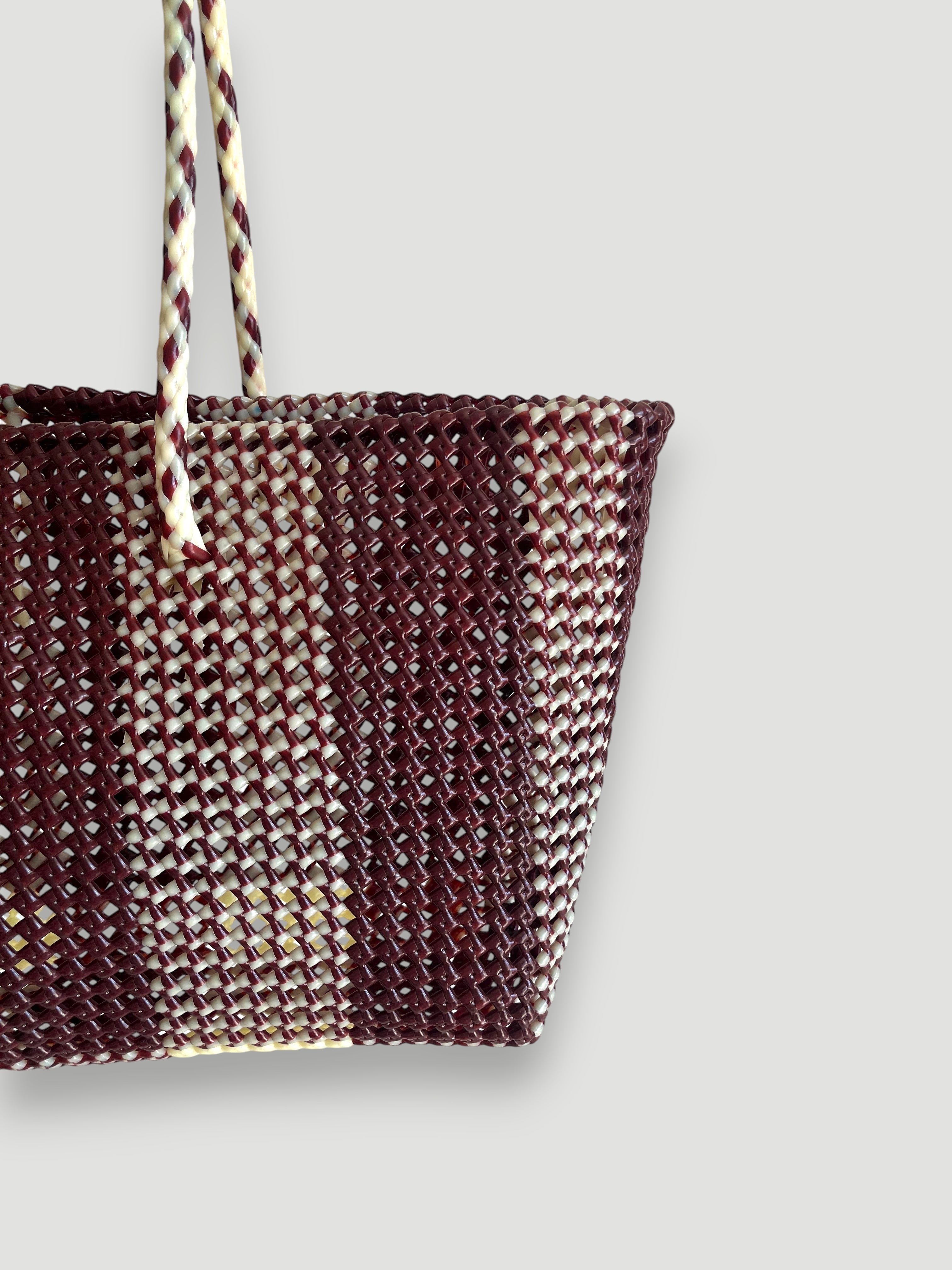 No. 493XL - Hand-braided basket bag - maxi - burgundy & ecru