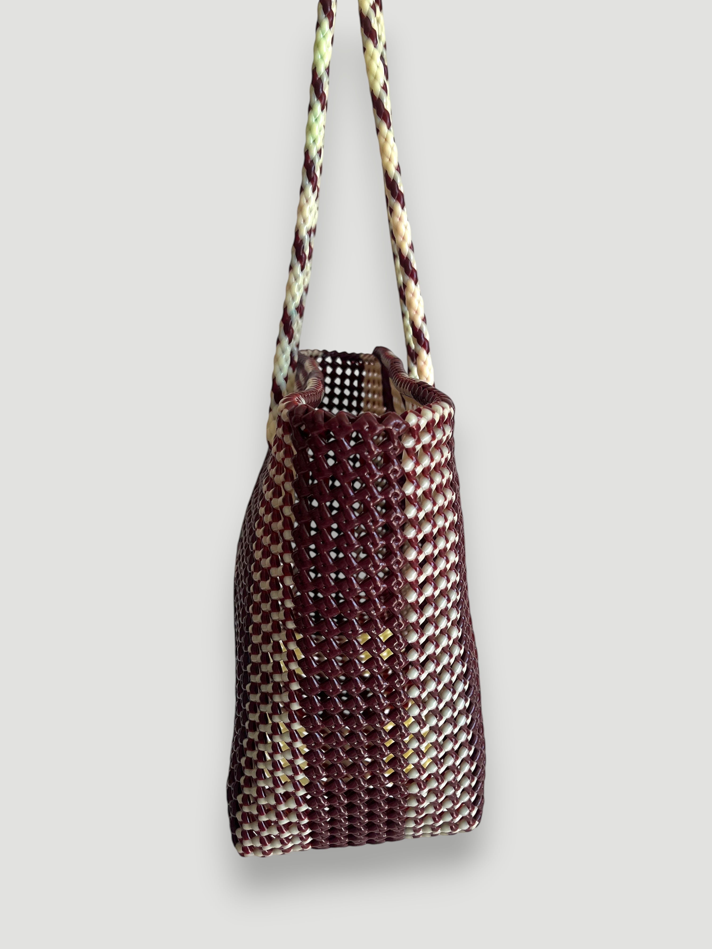 No. 493XL - Hand-braided basket bag - maxi - burgundy & ecru