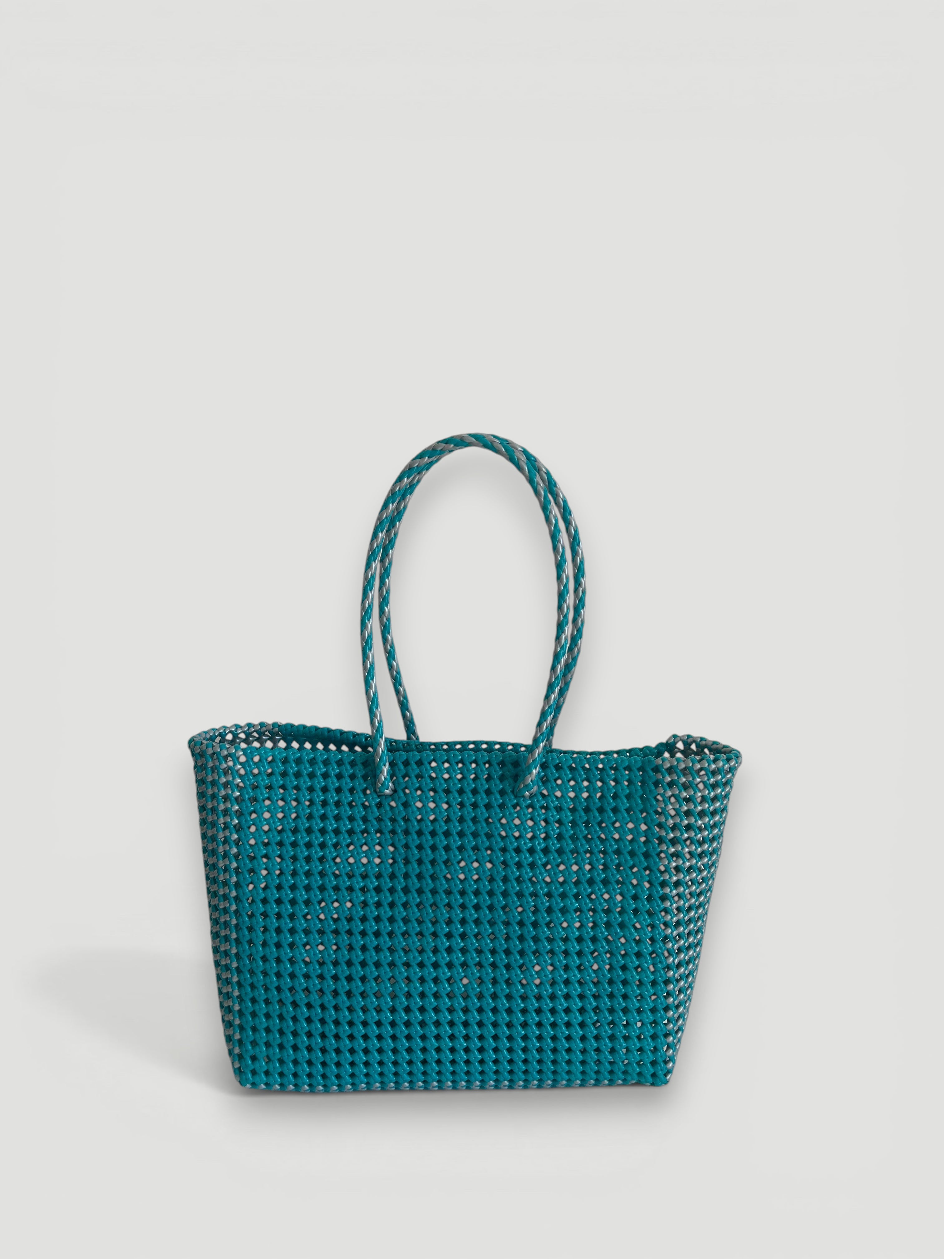 N°497L - SAC PANIER TRESSÉ MAIN - GRAND - turquoise & argenté