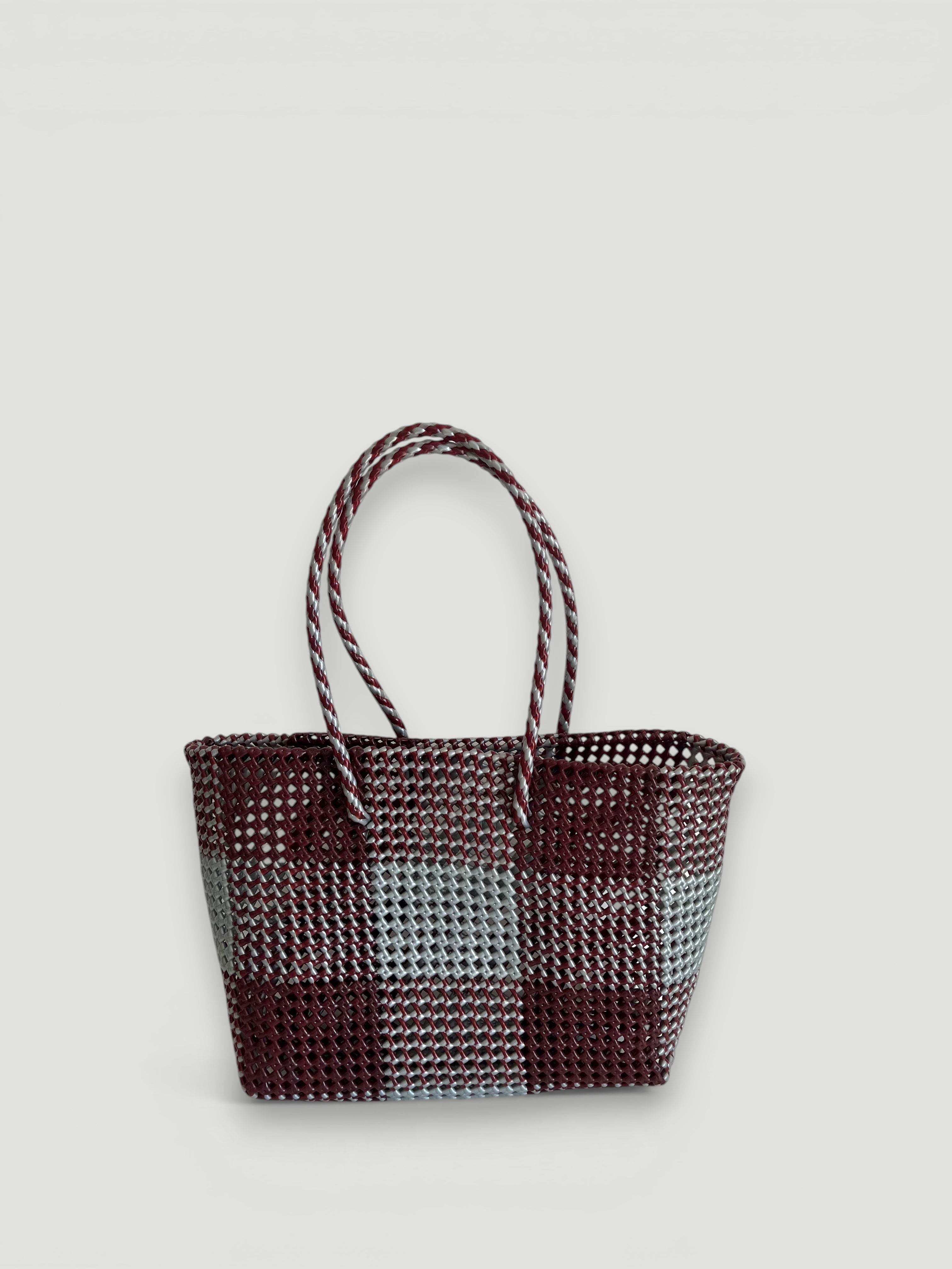 N°498L - SAC PANIER TRESSÉ MAIN - GRAND - bordeaux & argenté