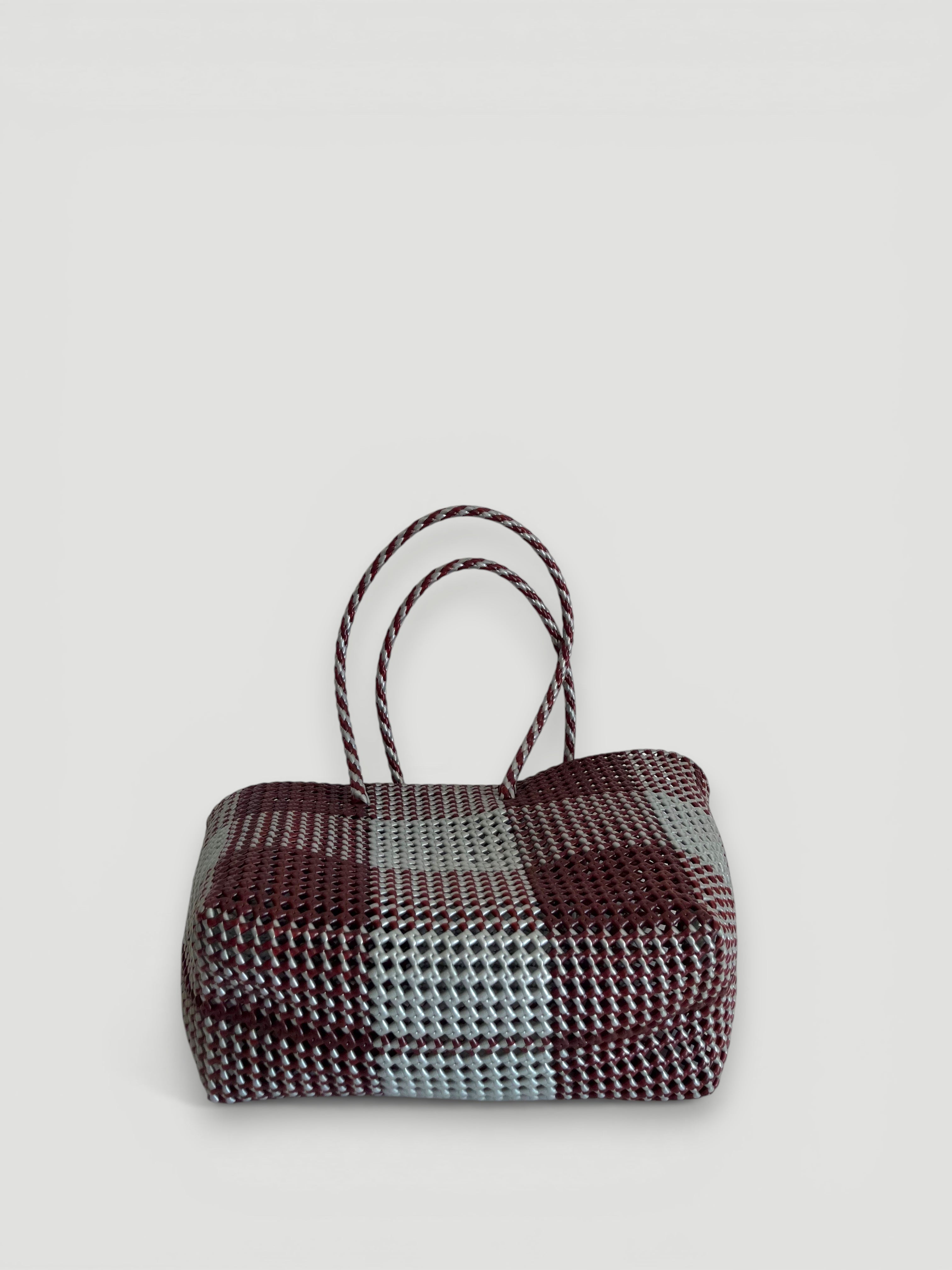 N°498L - SAC PANIER TRESSÉ MAIN - GRAND - bordeaux & argenté