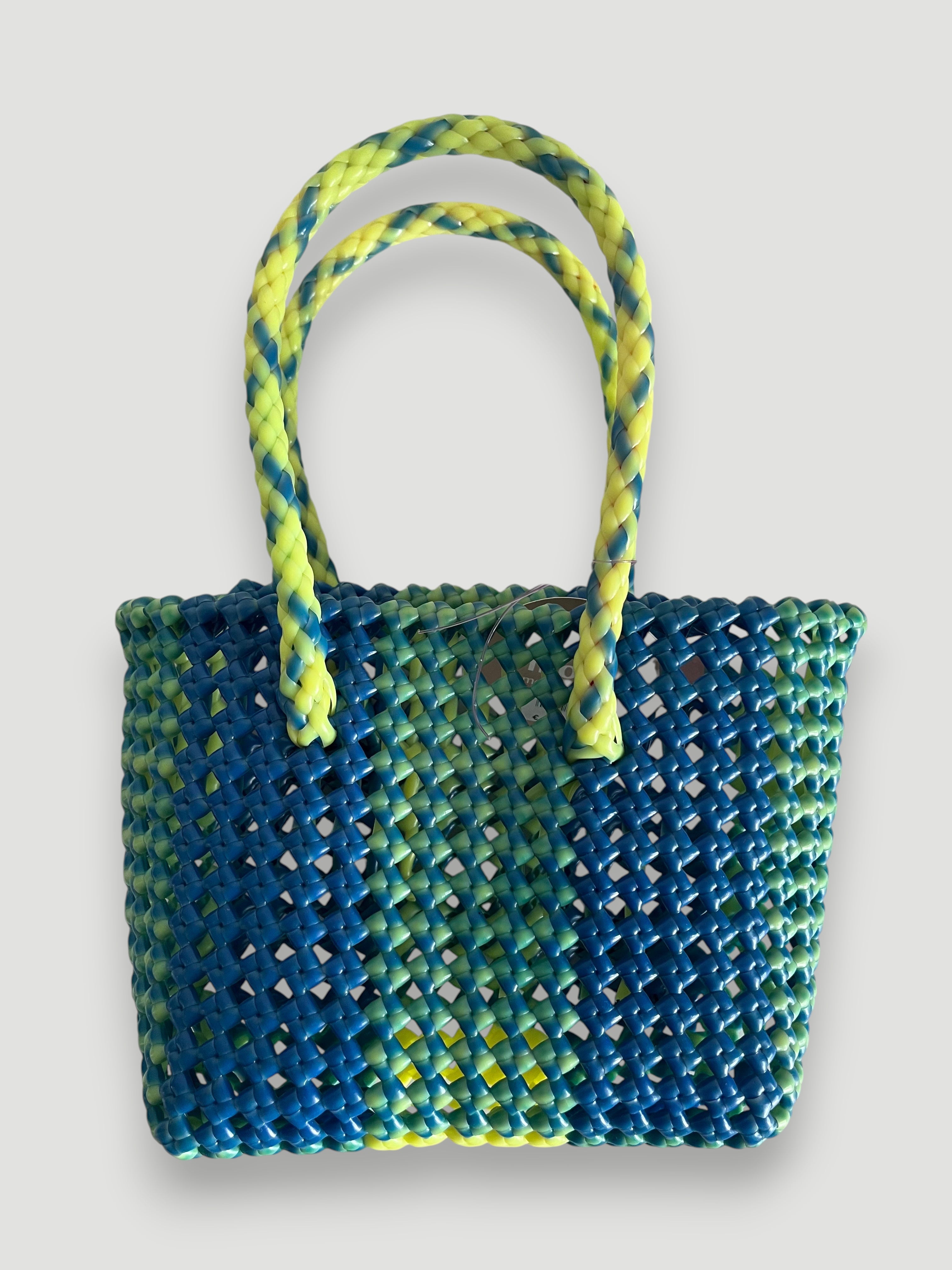 N°121XS - SAC PANIER IMPARFAIT - MINI - jaune fluo & bleu foncé