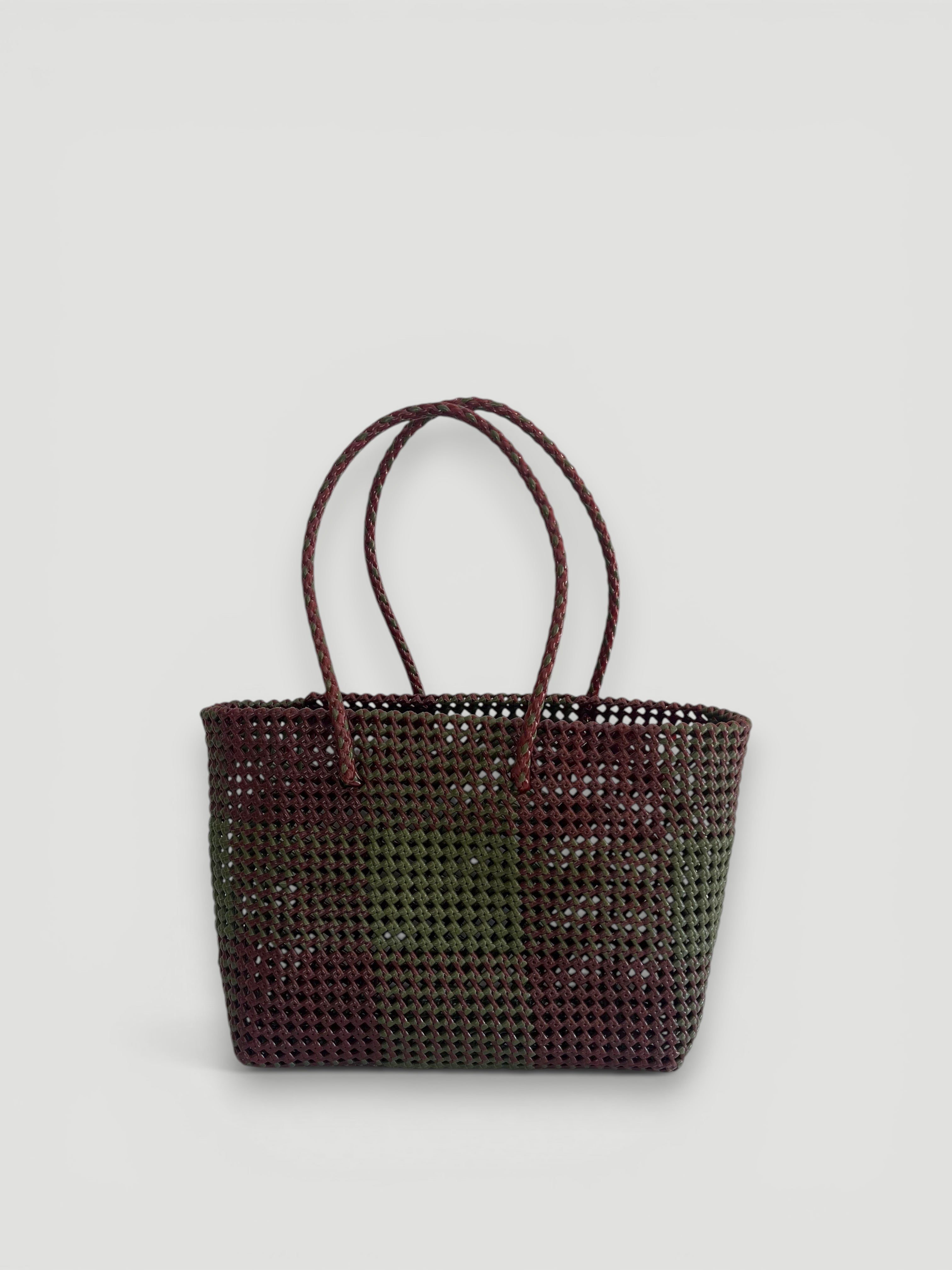 N°516L - SAC PANIER TRESSÉ MAIN - GRAND - bordeaux & kaki