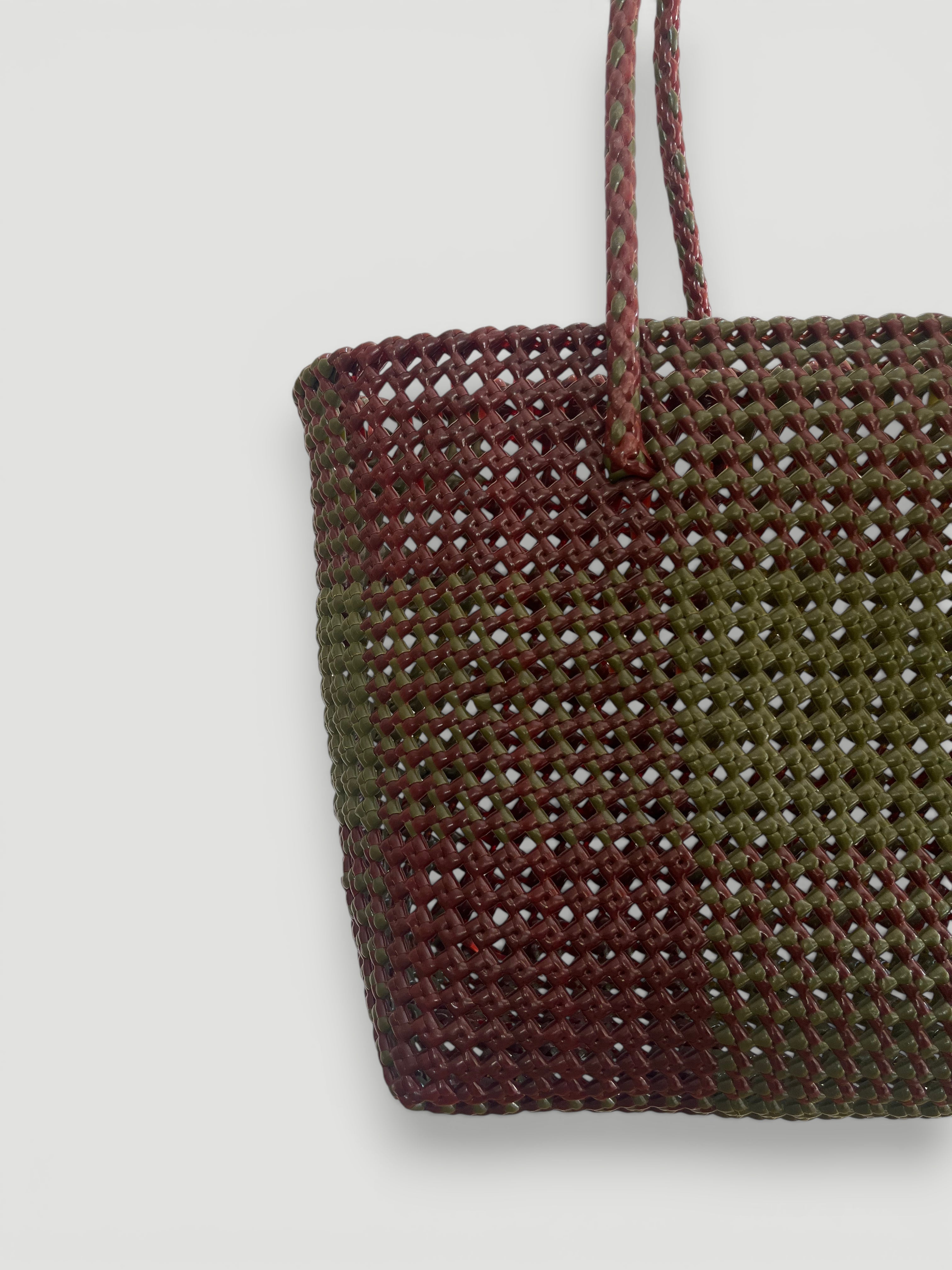 N°516L - SAC PANIER TRESSÉ MAIN - GRAND - bordeaux & kaki