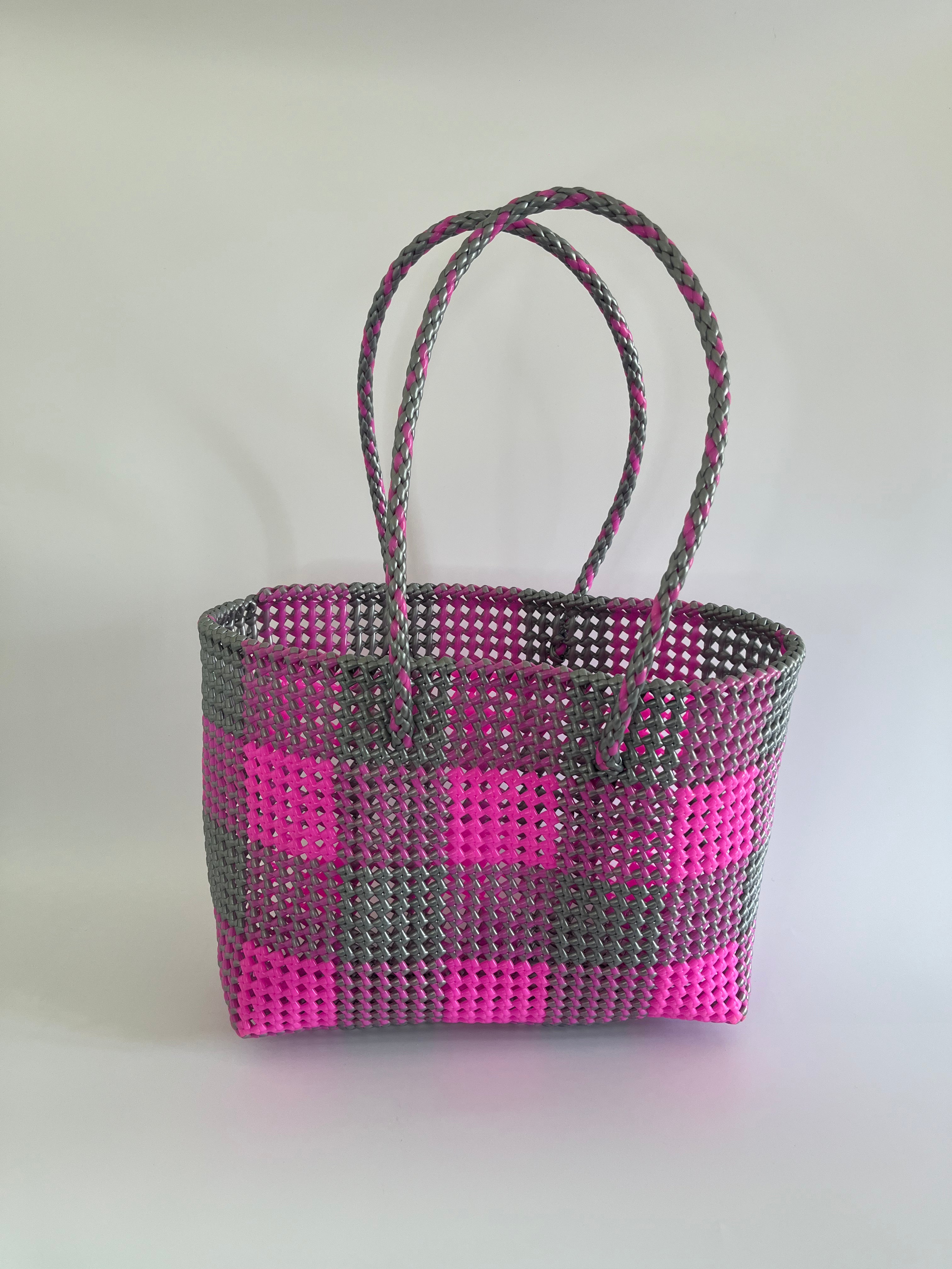 N°110L - SAC PANIER TRESSÉ MAIN - GRAND - rose clair & argenté