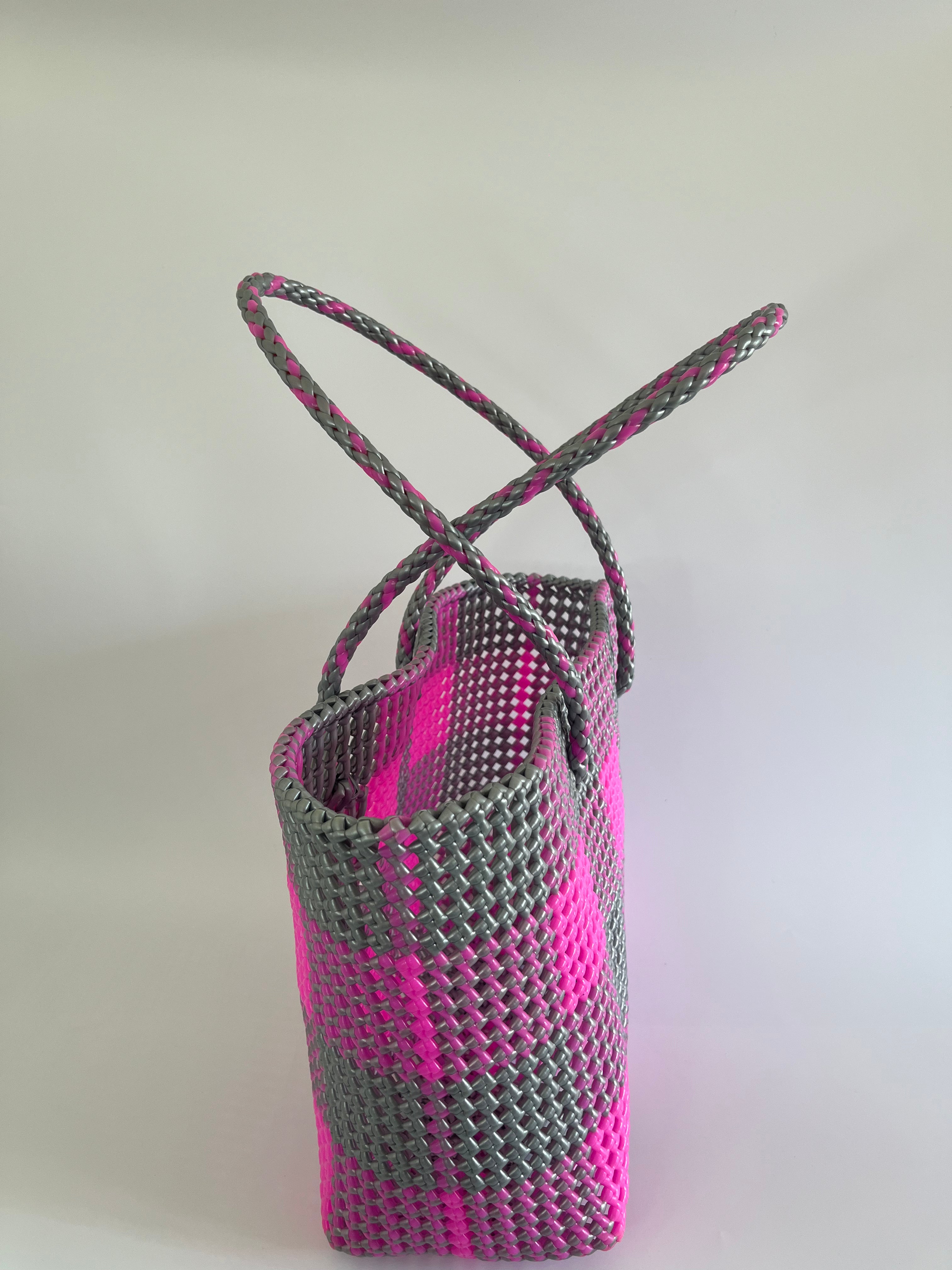 N°110L - SAC PANIER TRESSÉ MAIN - GRAND - rose clair & argenté