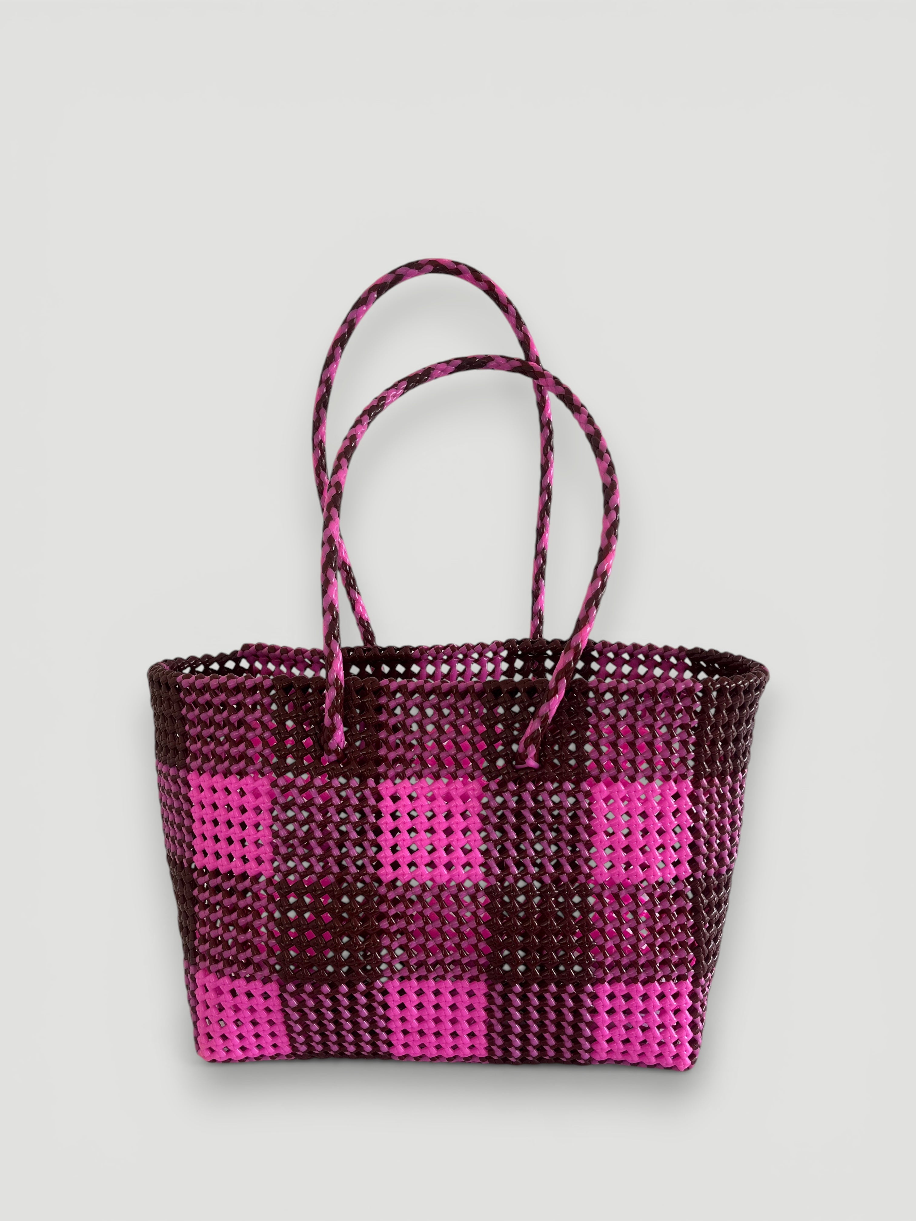 N°221L - SAC PANIER TRESSÉ MAIN - GRAND - bordeaux & rose clair