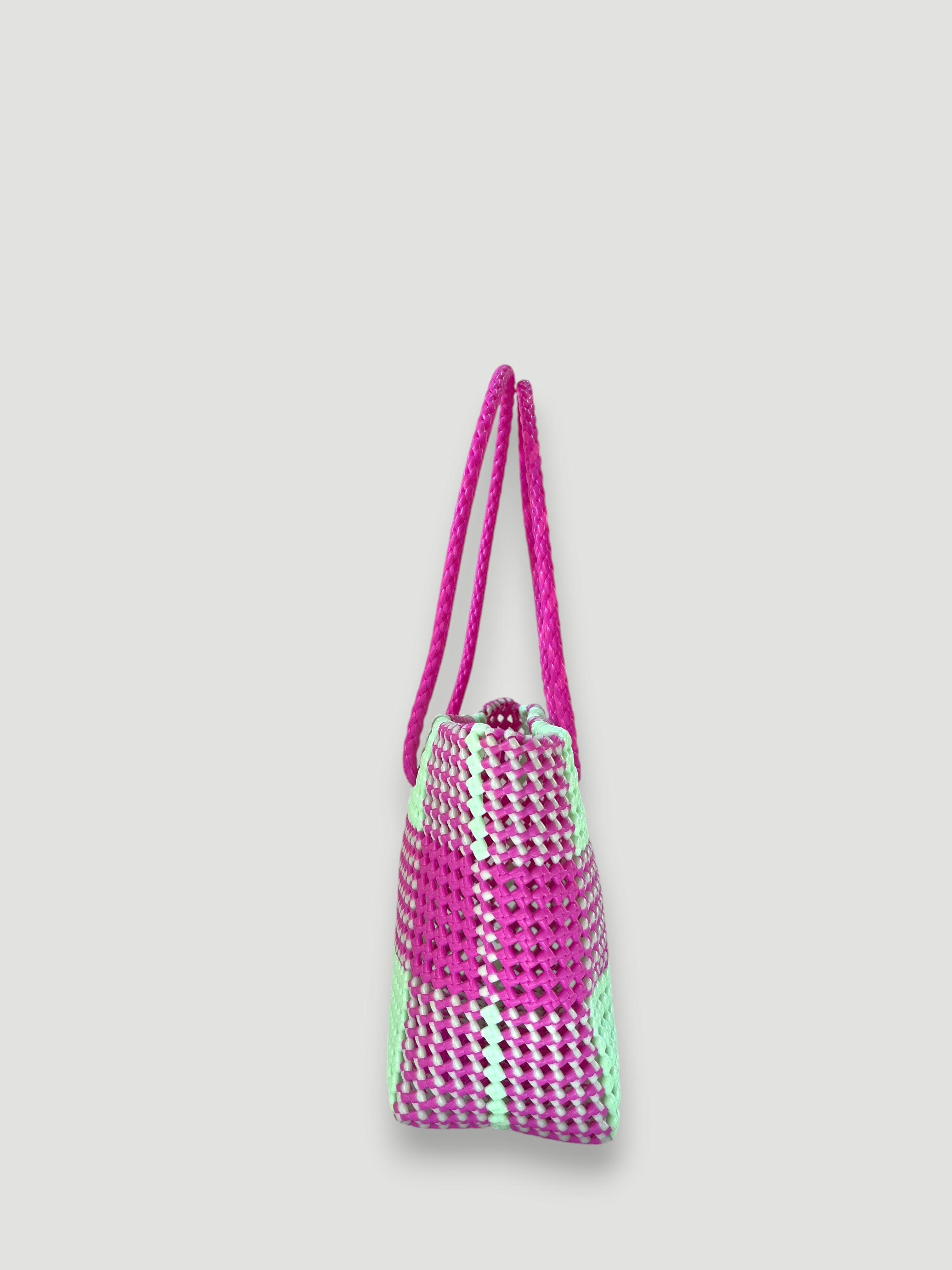 No. 521M - HANDWOVEN BASKET BAG - MEDIUM - dark pink & pastel green