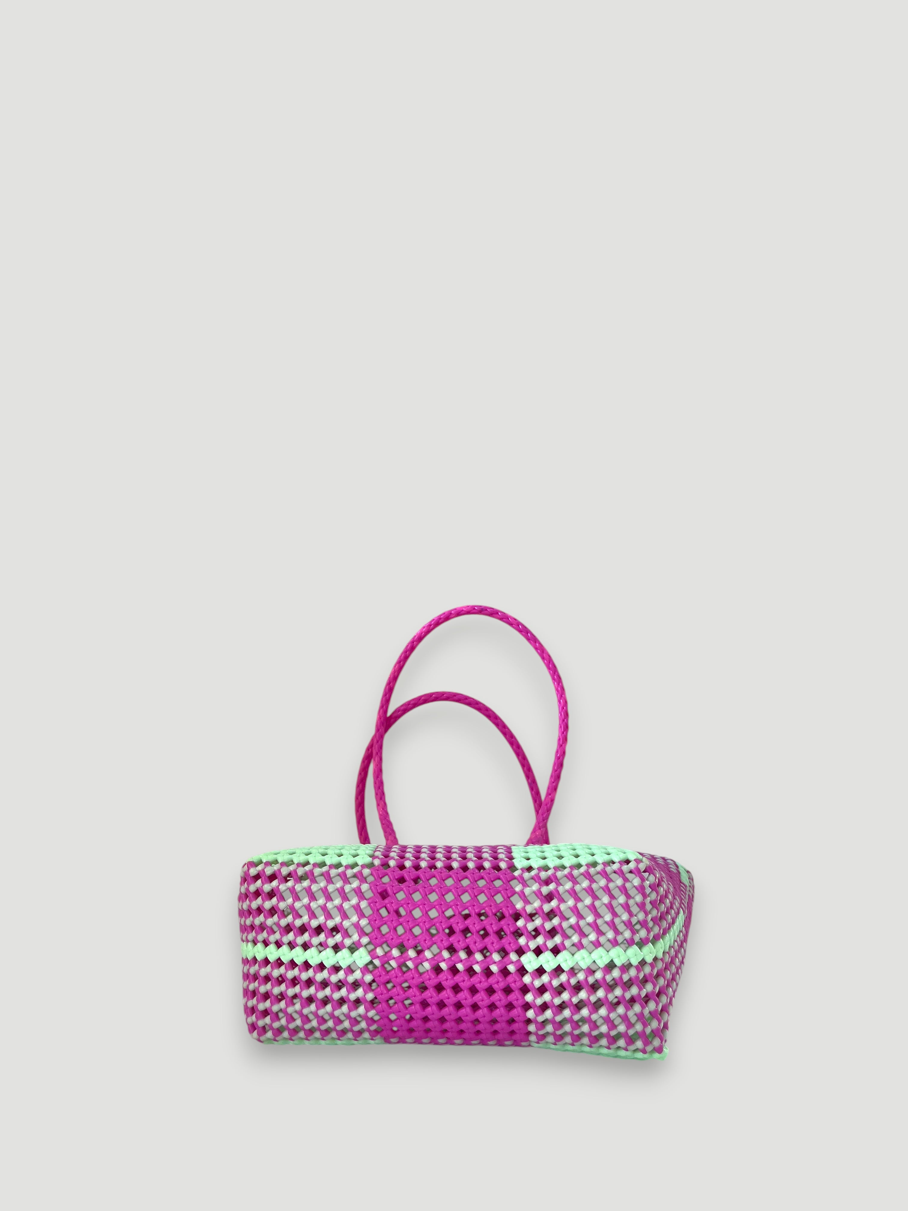 No. 521M - HANDWOVEN BASKET BAG - MEDIUM - dark pink & pastel green