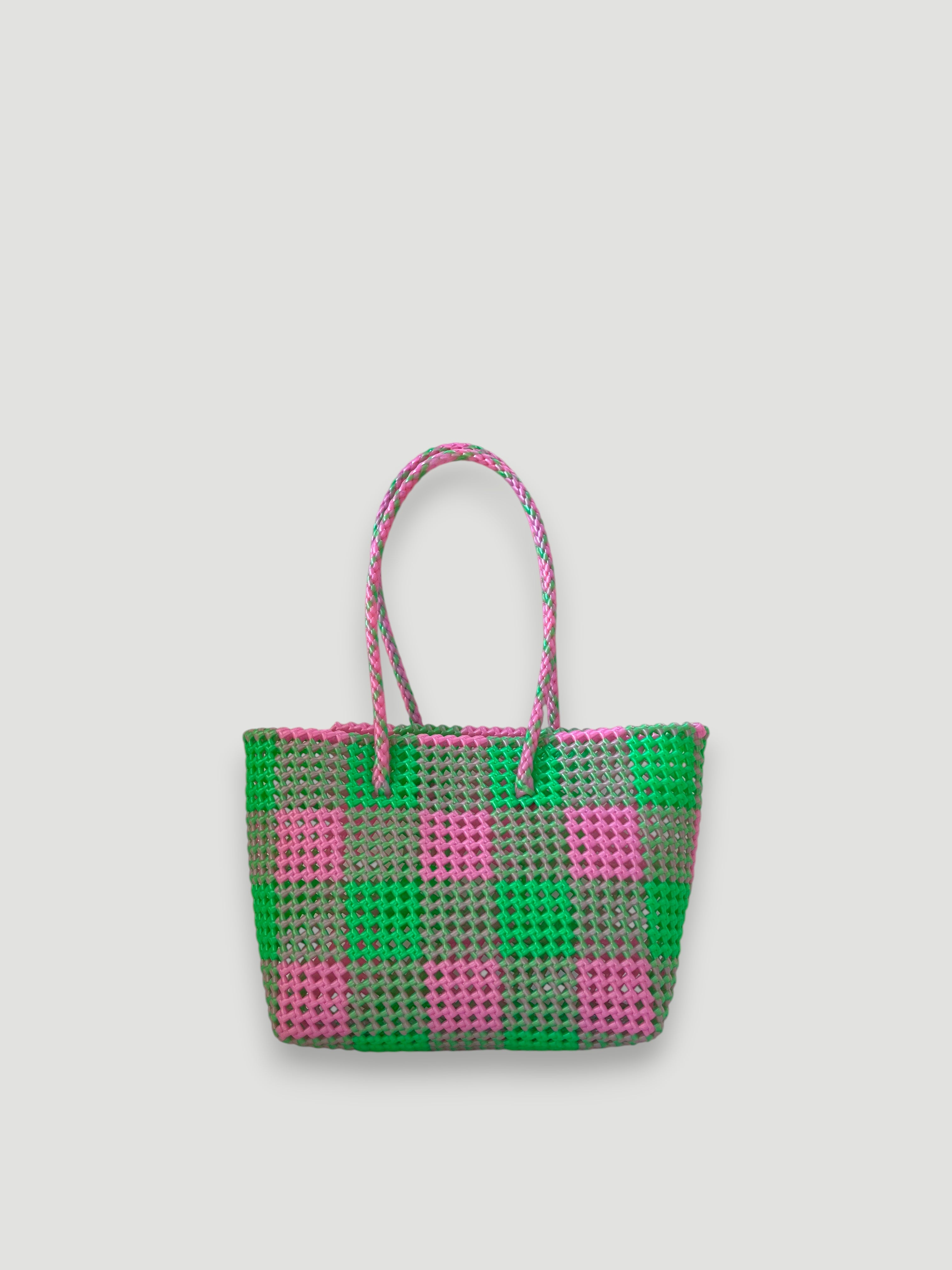 N°522M - HANDWOVEN BASKET BAG - MEDIUM - metallic pink & metallic green