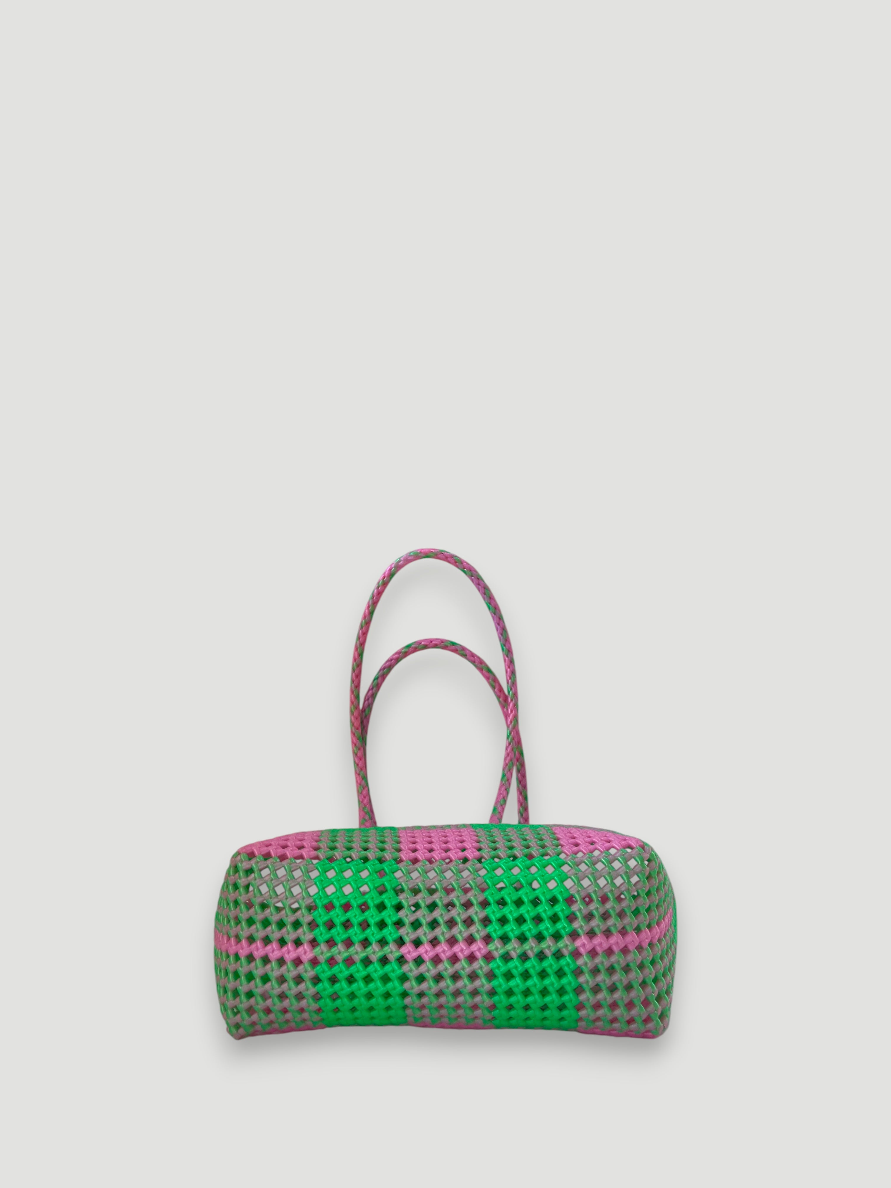 N°522M - HANDWOVEN BASKET BAG - MEDIUM - metallic pink & metallic green