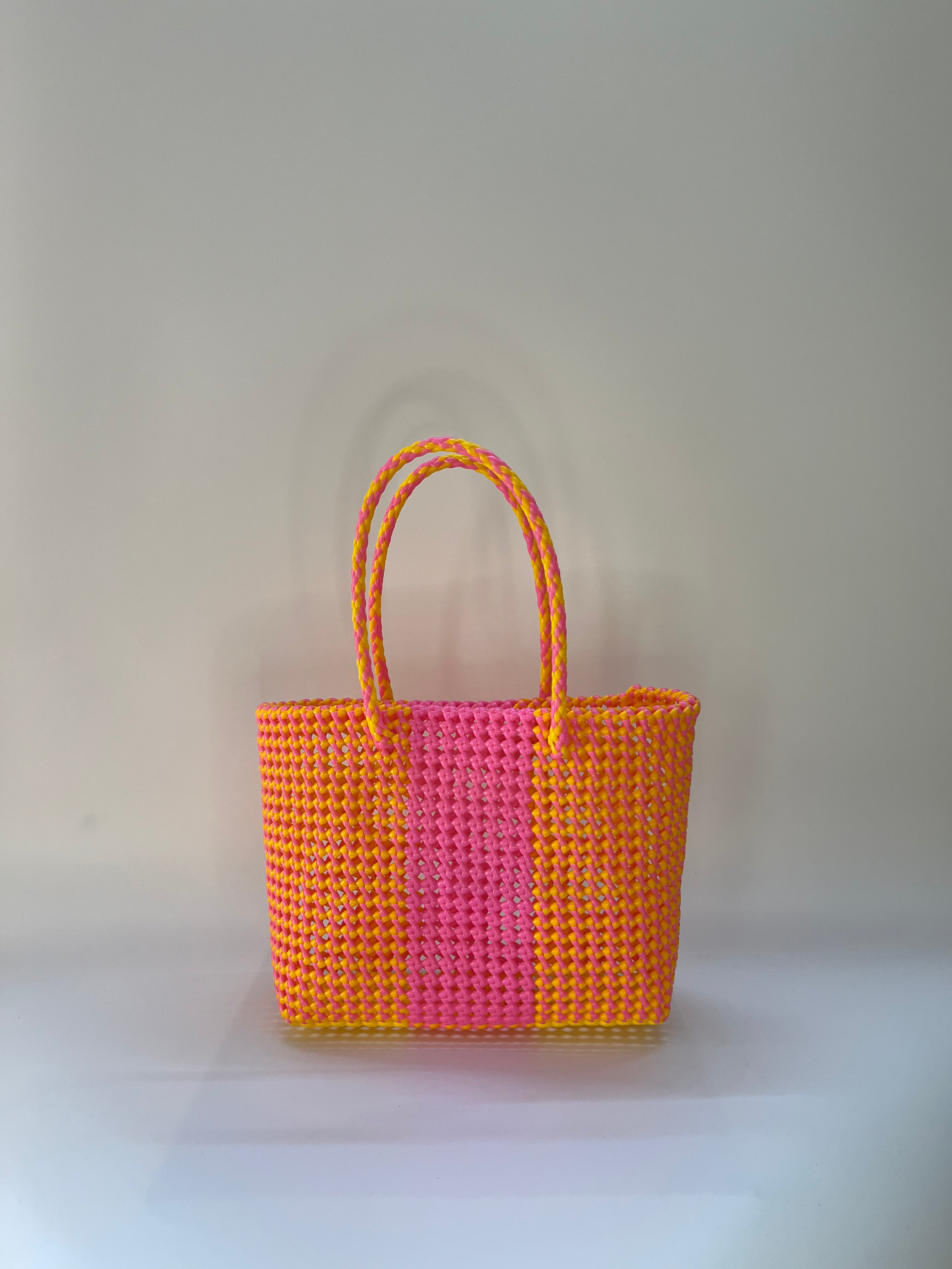 N°24M bis - SAC PANIER TRESSÉ MAIN - MOYEN - jaune & rose clair