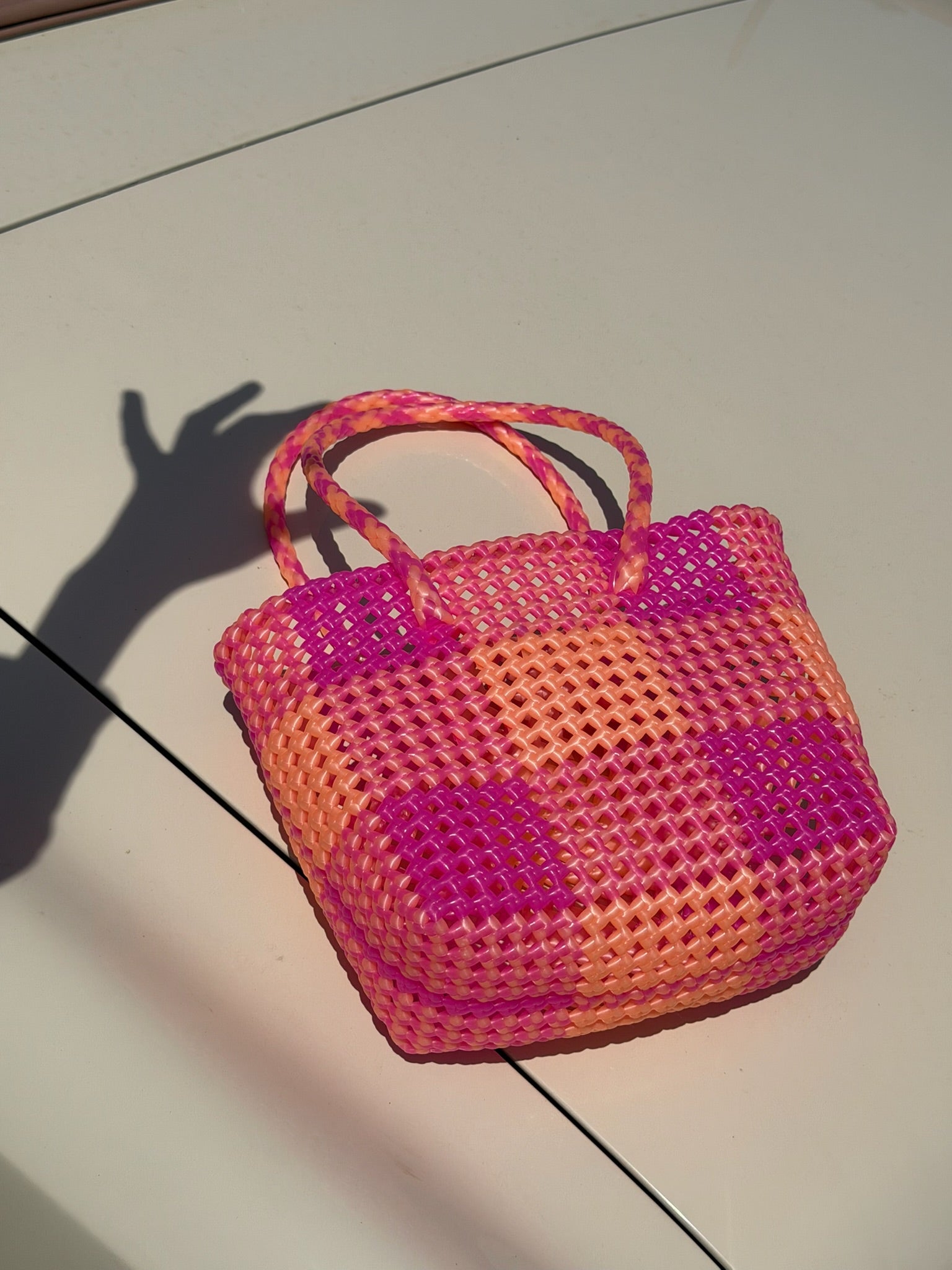 N°512S - SAC PANIER TRESSÉ MAIN - PETIT - orange métallique & rose fluo glacé