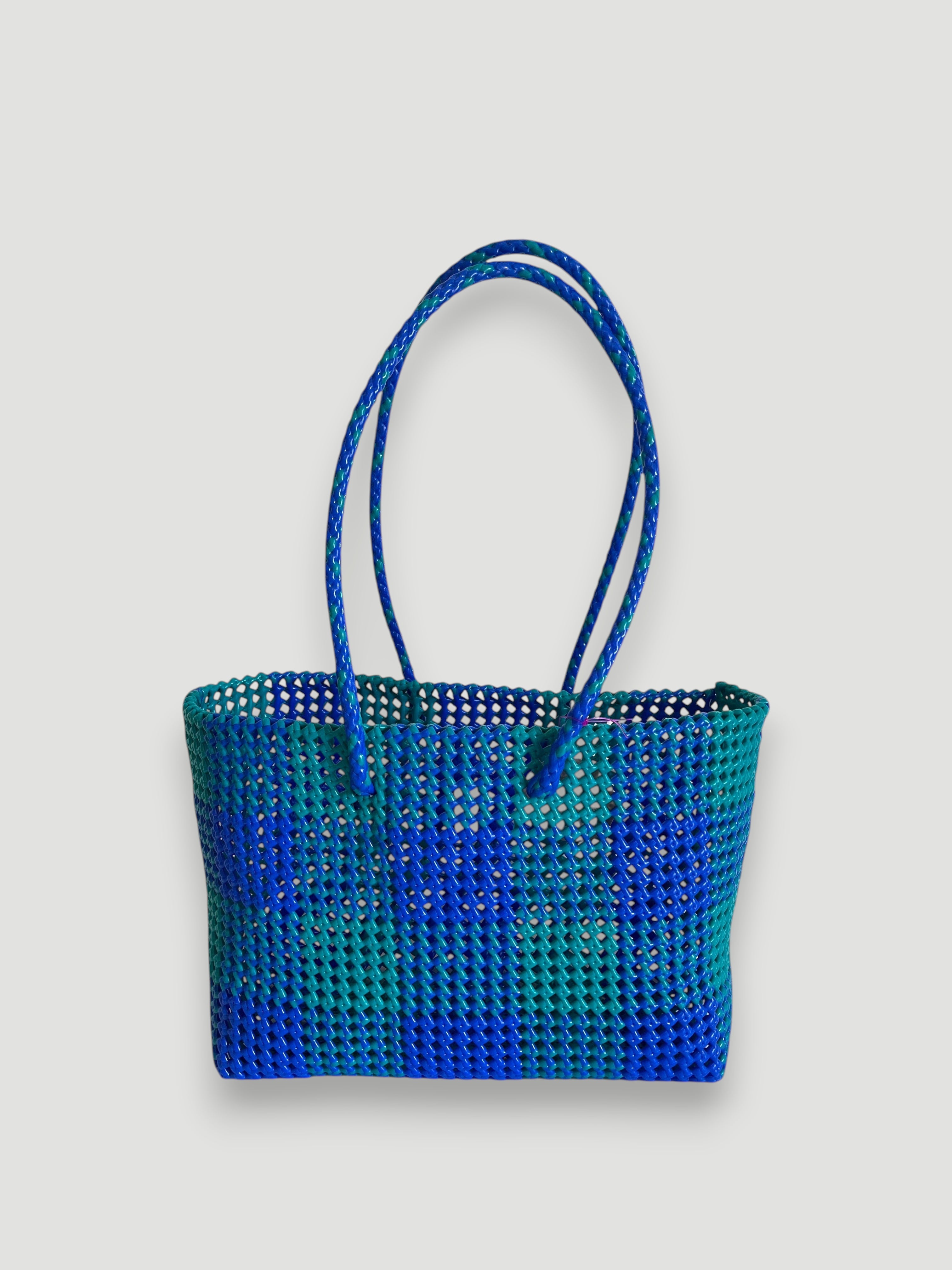 N°338L - SAC PANIER TRESSÉ MAIN - GRAND - Bleu foncé & turquoise
