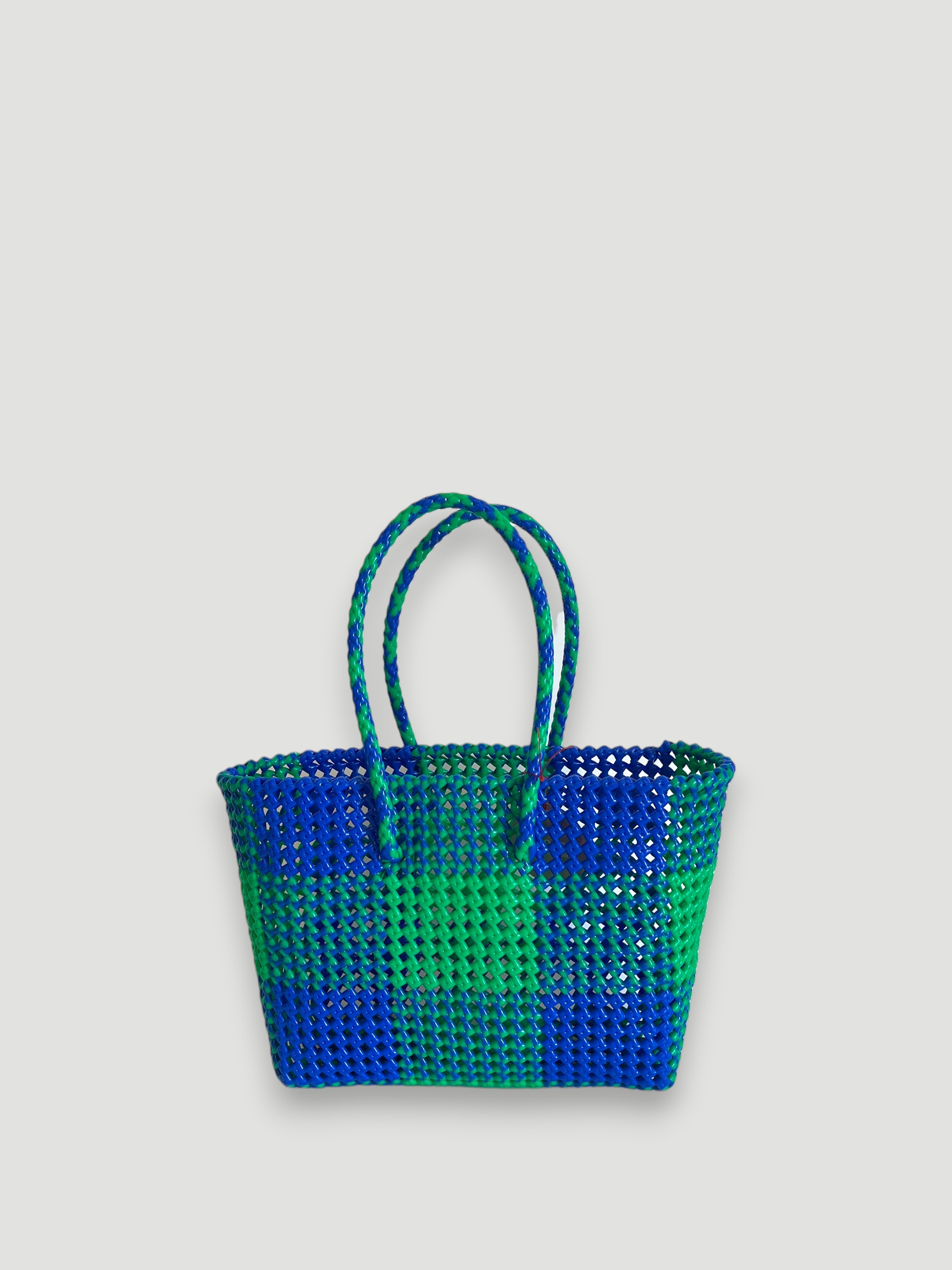 N°333M - SAC PANIER TRESSÉ MAIN - MOYEN - vert & bleu foncé