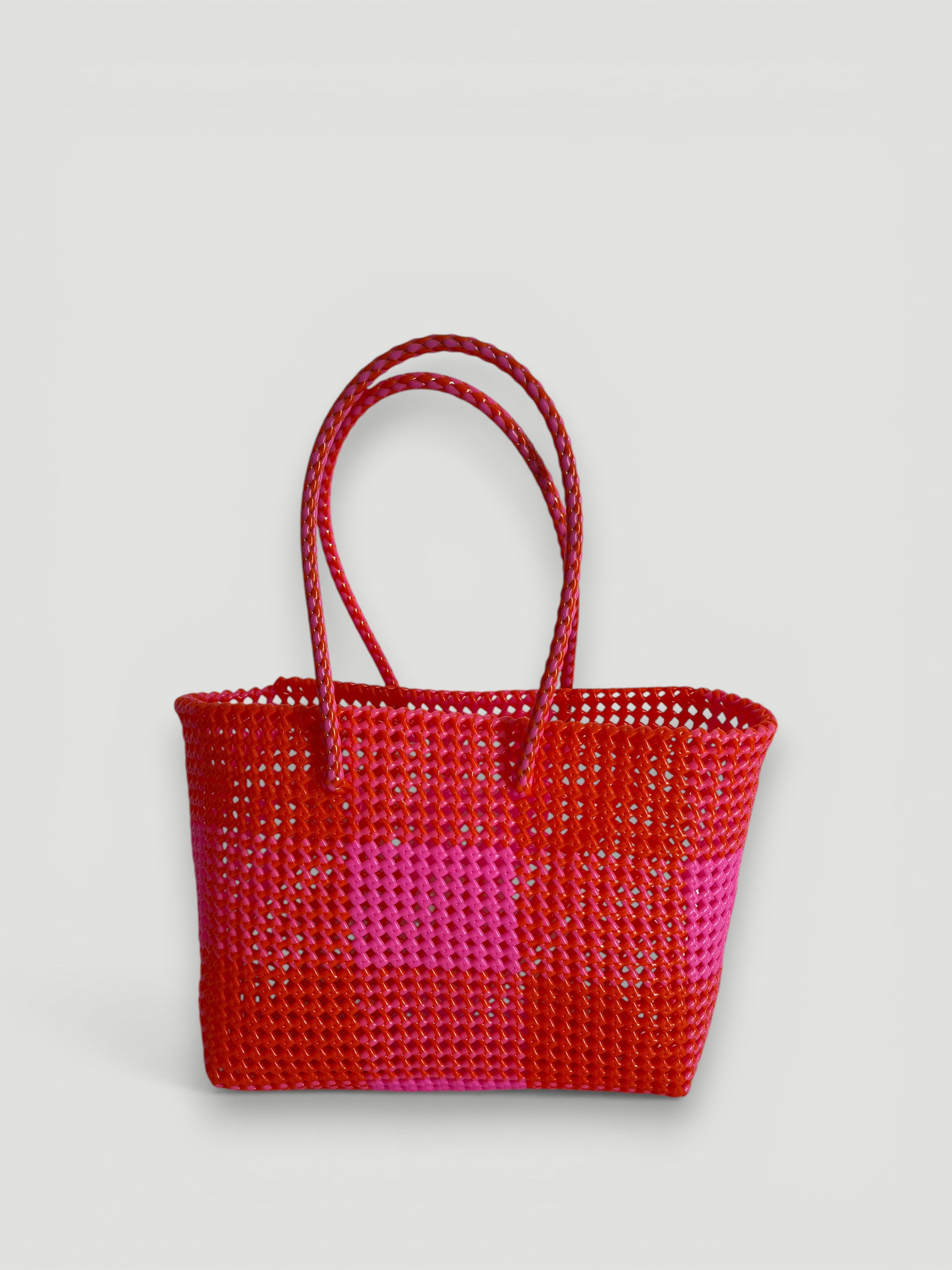 N°12L bis - SAC PANIER TRESSÉ MAIN - GRAND - rose clair & rouge