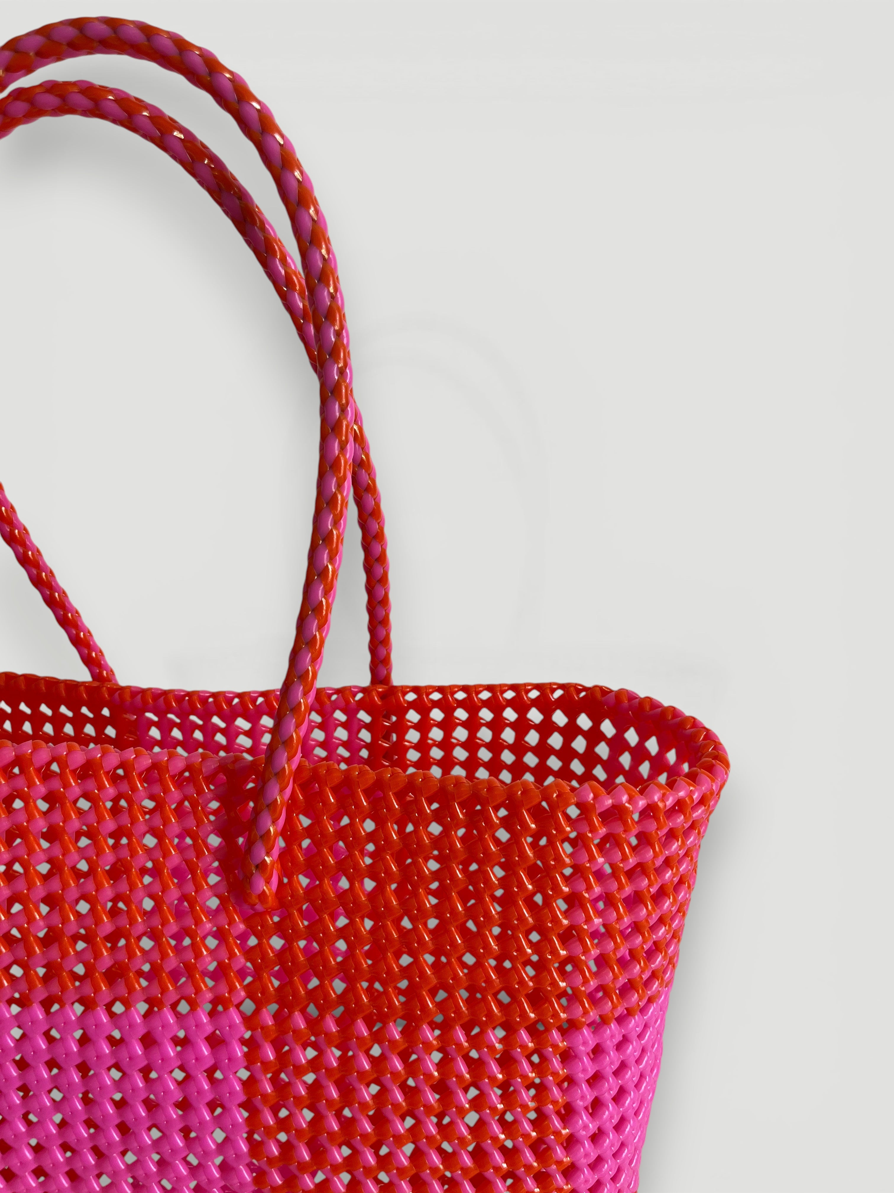 N°12L bis - SAC PANIER TRESSÉ MAIN - GRAND - rose clair & rouge