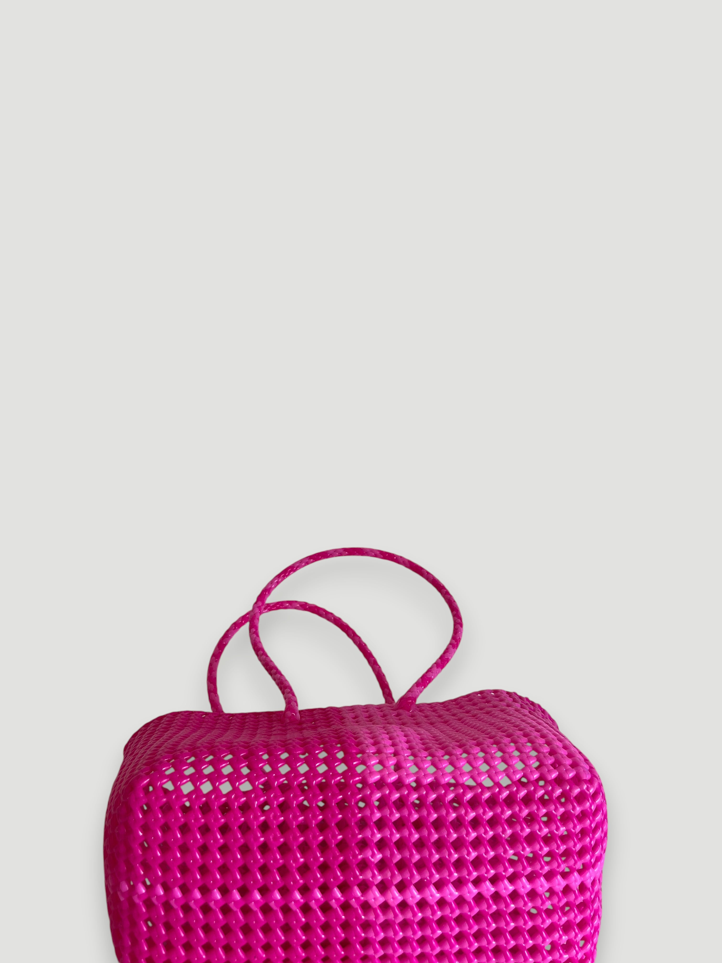 N°26M bis - SAC PANIER TRESSÉ MAIN - MOYEN - rose fluo & rose clair