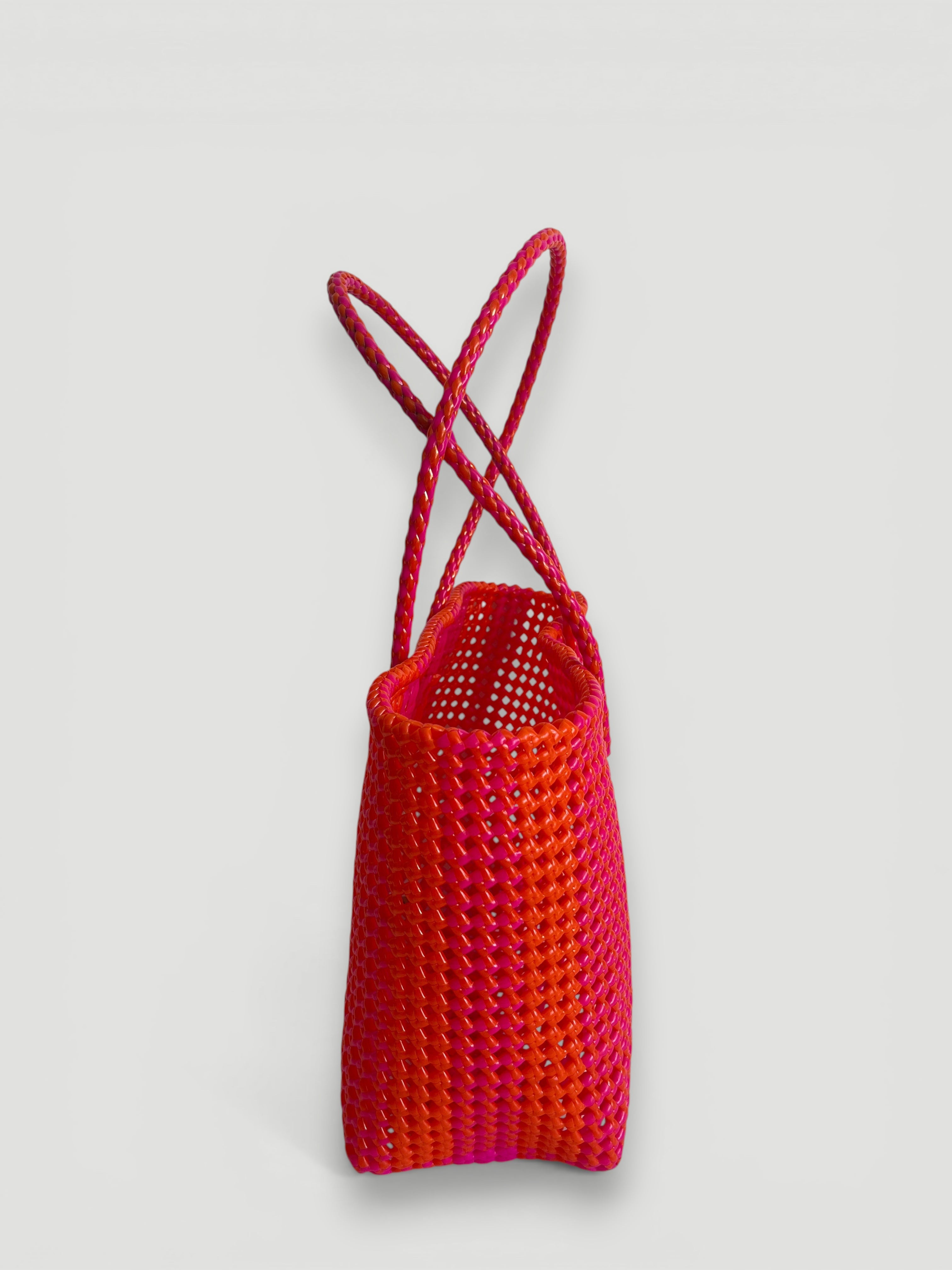 N°113L bis - SAC PANIER TRESSÉ MAIN - GRAND - rose fluo & orange