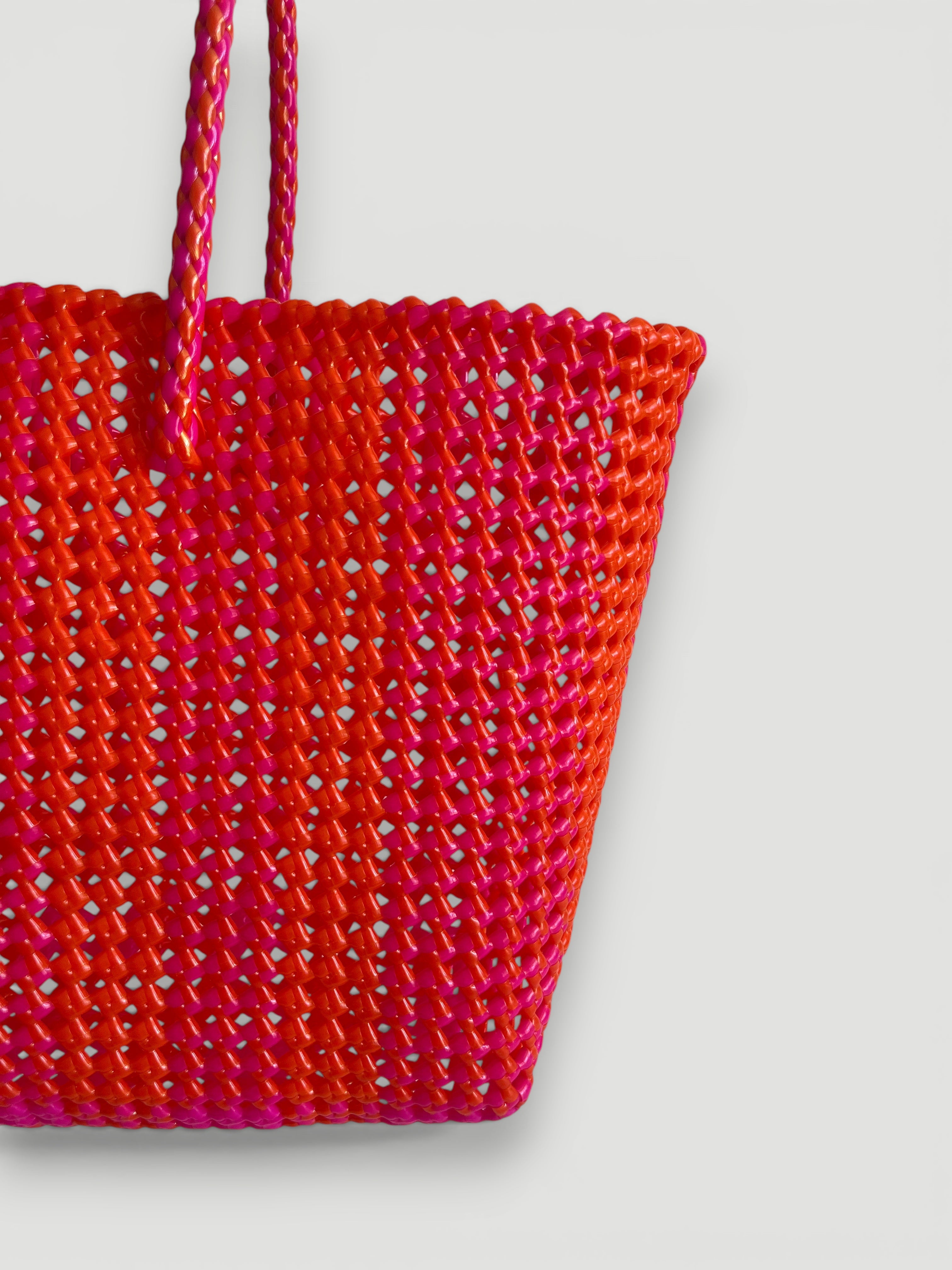 N°113L bis - SAC PANIER TRESSÉ MAIN - GRAND - rose fluo & orange