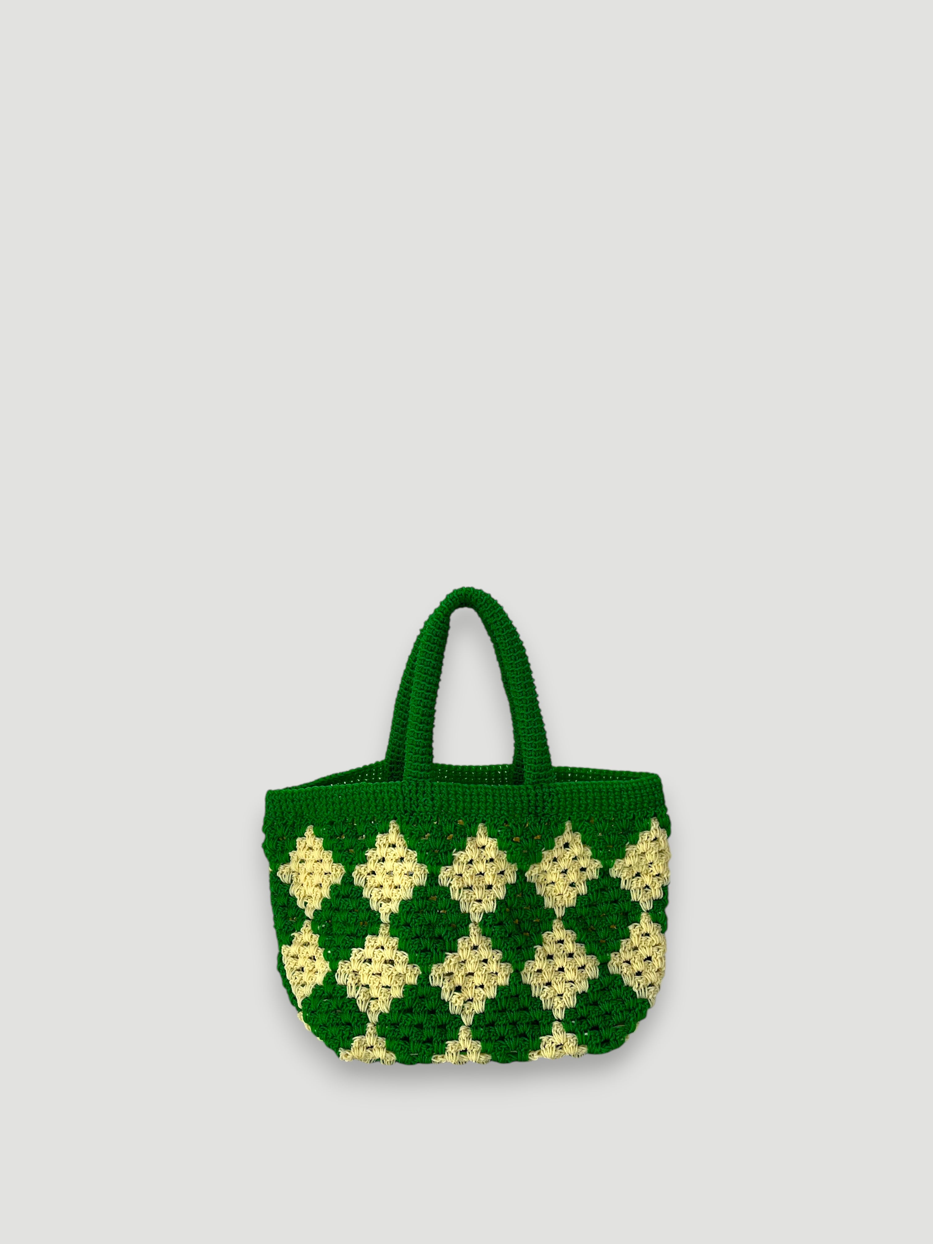 N°5SC - SAC PANIER CROCHET LOSANGE S - PETIT - vert & écru