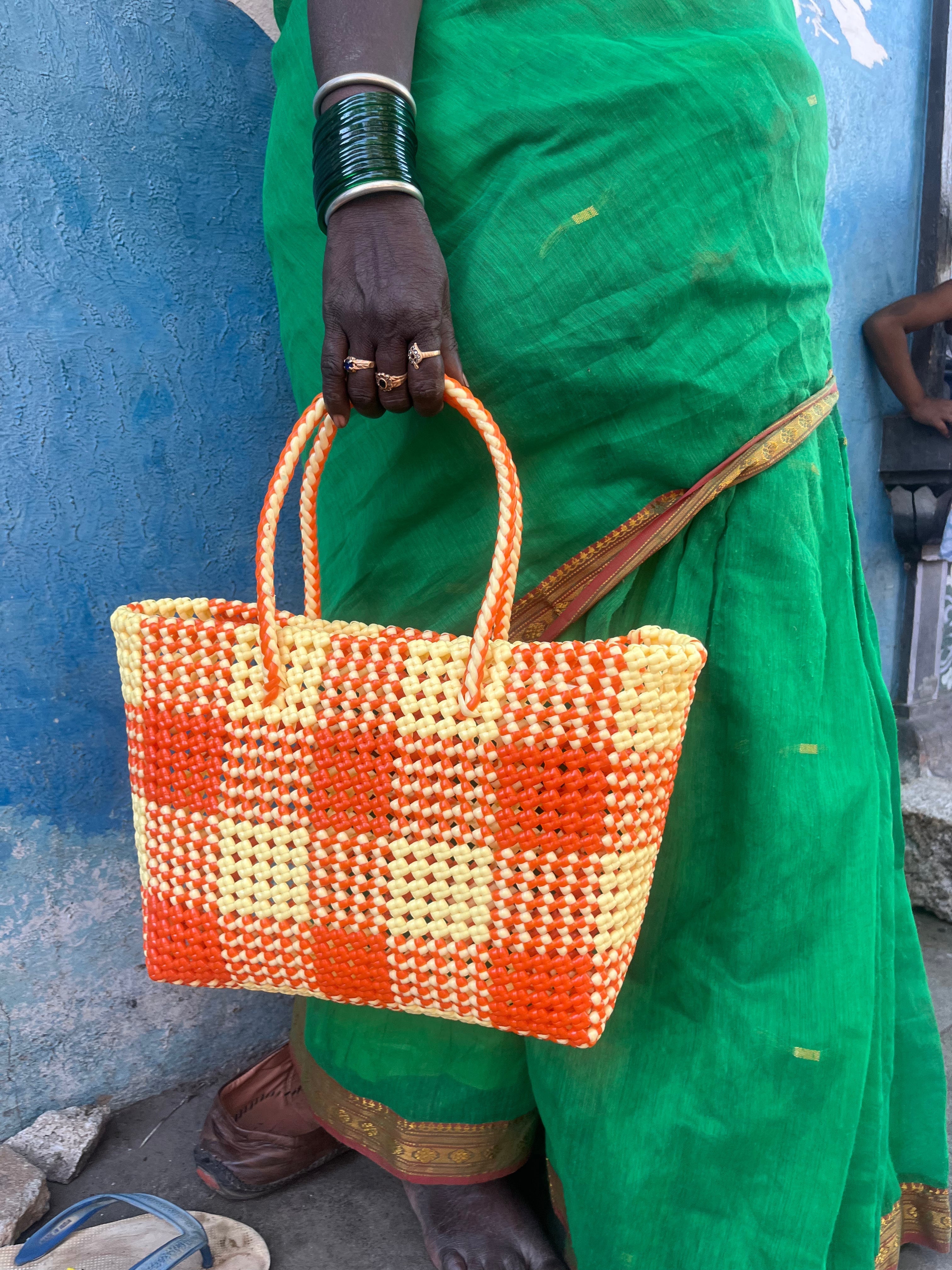 N°37M bis - SAC PANIER TRESSÉ MAIN - MOYEN - orange & crème