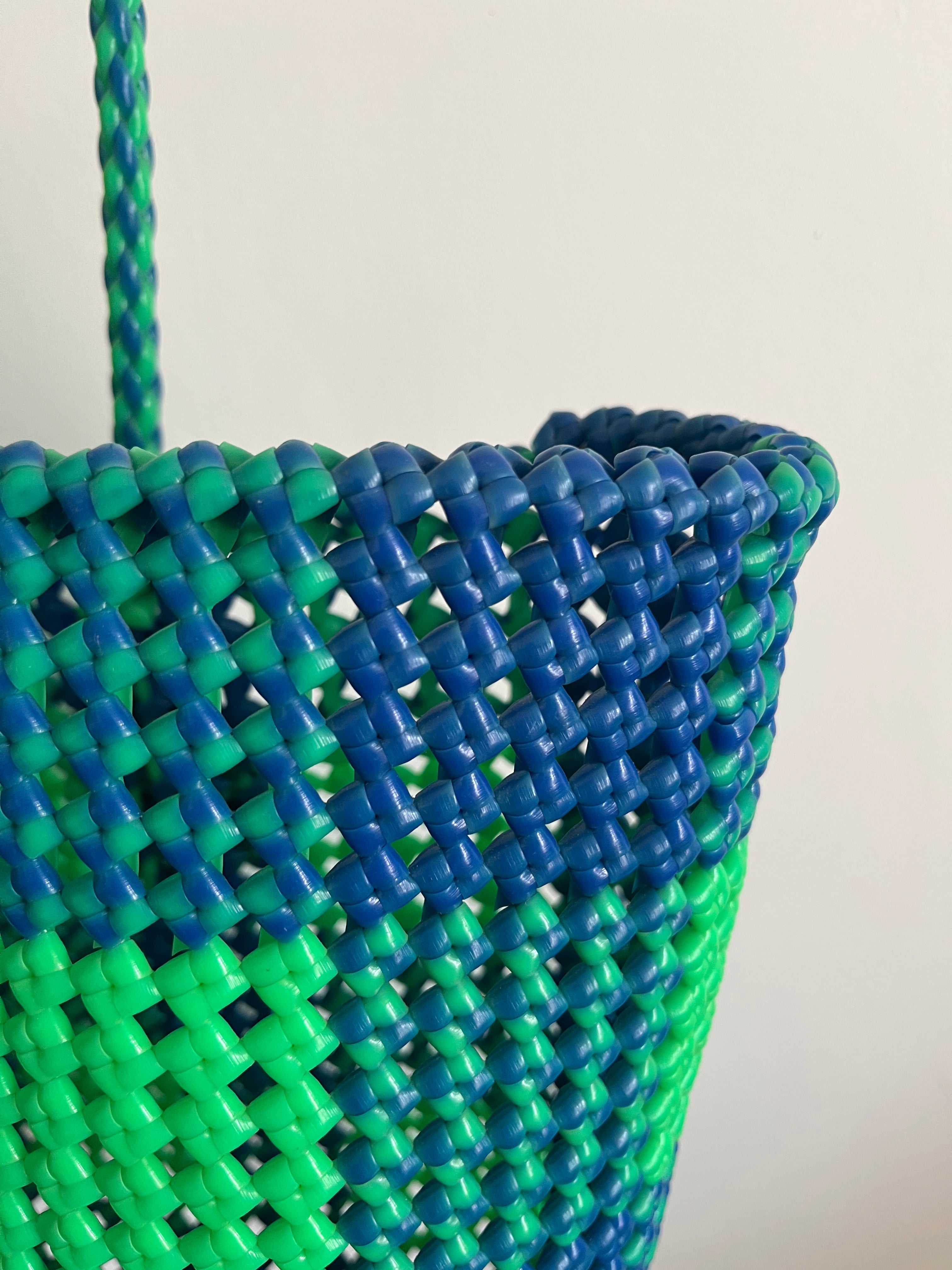 No. 49L - Handwoven basket bag - large - neon green & dark blue